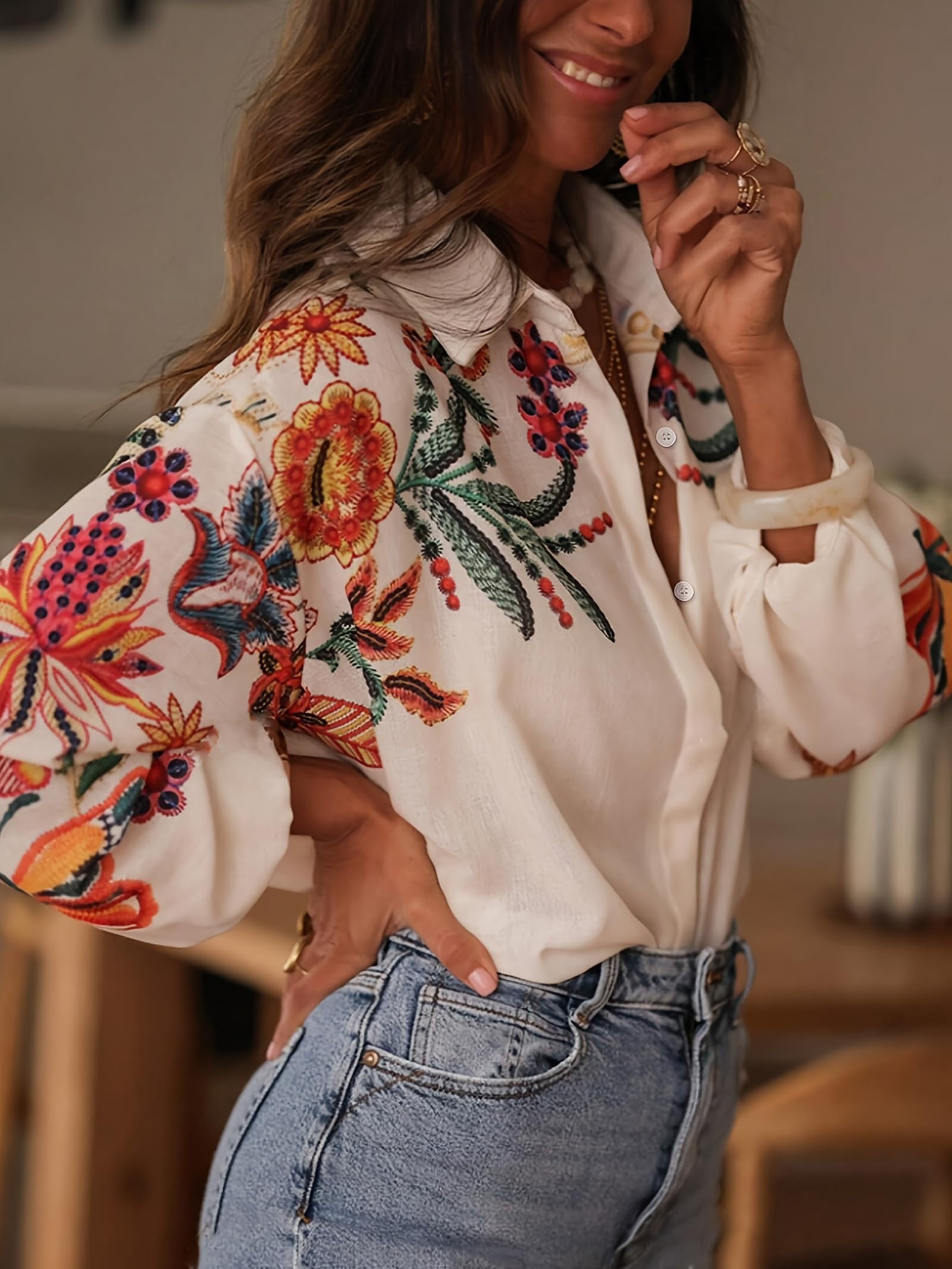 Chemises À Boutons pour Femmes Chemise Décontractée À Manches Longues Blouse Imprimée Florale À Coupe Ample