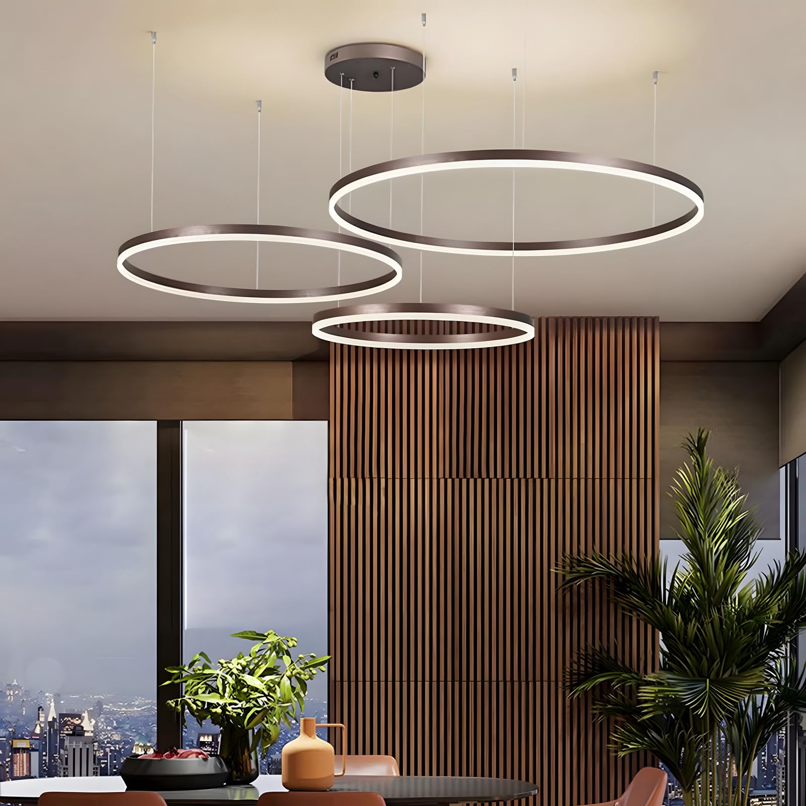 Lustre LED en Métal | 3 Cercles 40+60+80cm | 90W Plafonnier Suspendu Avec Anneaux, Télécommande à Intensité Variable 3000-6000K, Abat-jour en Acrylique Salon Chambre Foyer Salle Manger【Brun】