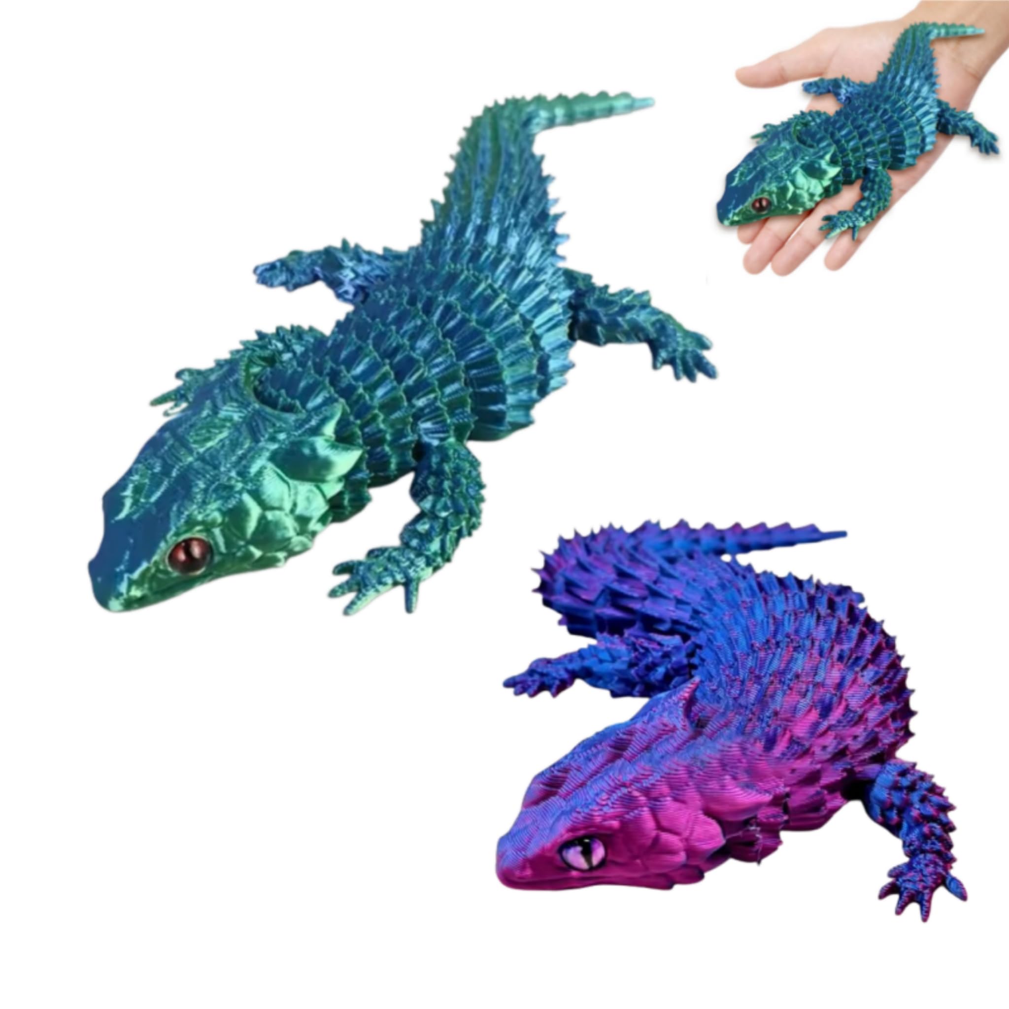 Cosiesnest 2 Pcs 3D Printed Lizard Toys, Purple & Green Articulated Reptile Figurines, Flexible Joint Fidget Desk Accessories for Home Office Decor, Stress Relief Gifts for All Ages