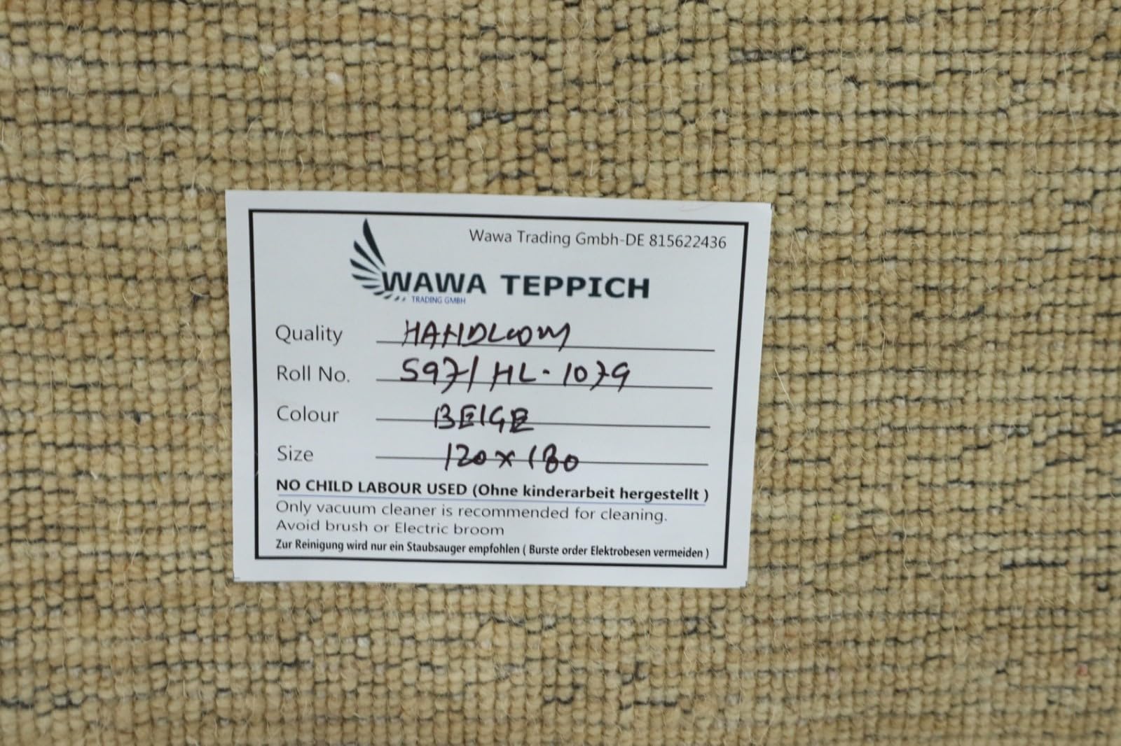 HL1079 Tapis Gabbeh tissé à la main 100 % laine - Beige uni - 120 x 180 cm