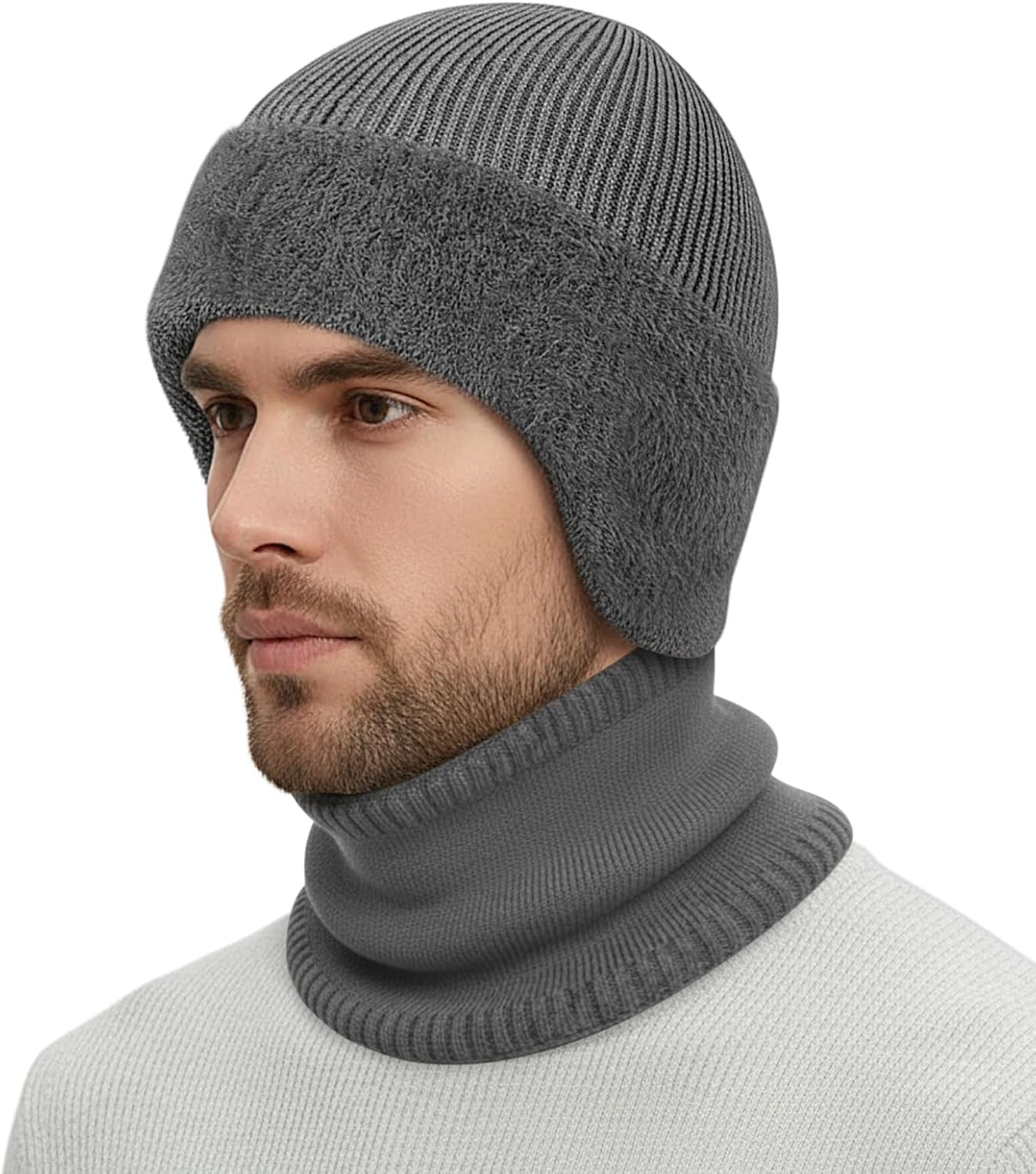 Bencailor Winter Knit Beanie with Earflap Neck Warmer Scarf Set, Thick Windproof Fleece Lined Beanie Scarf Set for Men Women