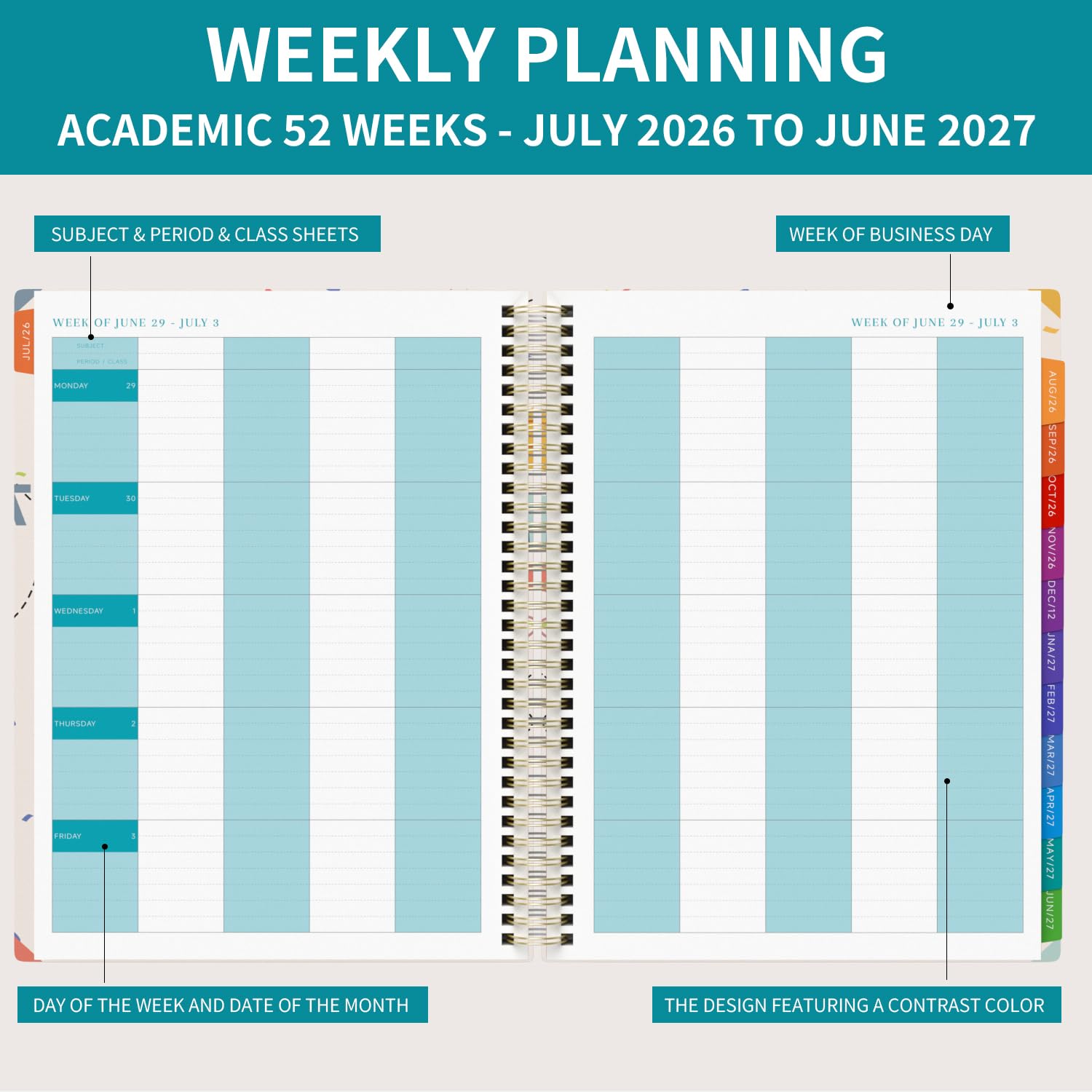 Planificateur d'enseignant 2026-27 journal académique 2026-2027 A4, juillet 2026 - juin 2027 planificateur d'enseignant, livre de planification pour assistant enseignant avec marqueurs de couleur