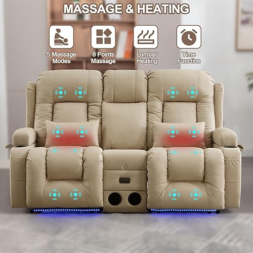 Miniatura 6 de TUNYI Sofá reclinable eléctrico con masaje y calor, asiento de cine en casa con consola, sofá biplaza reclinable RV con