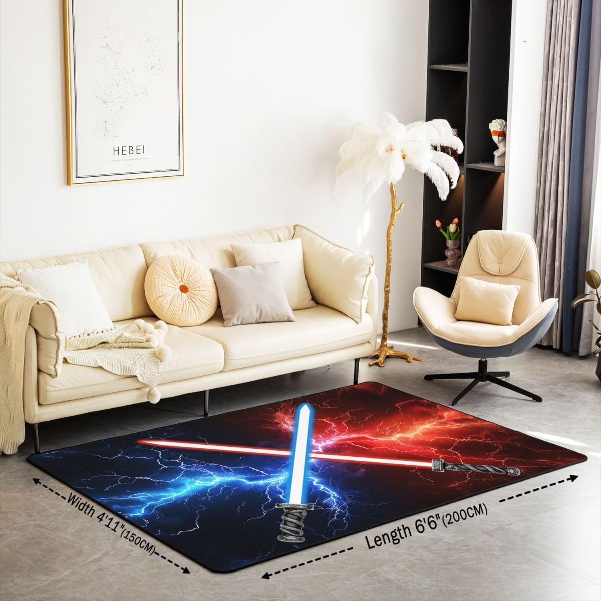 Blue Red Lightsaber Area Rug 3'x5',Neon Glowing Lightning Glitter Non Slip Carpet for Kids Adults,Video Games Modern Decorative Rug for Bedroom Playroom Backyard