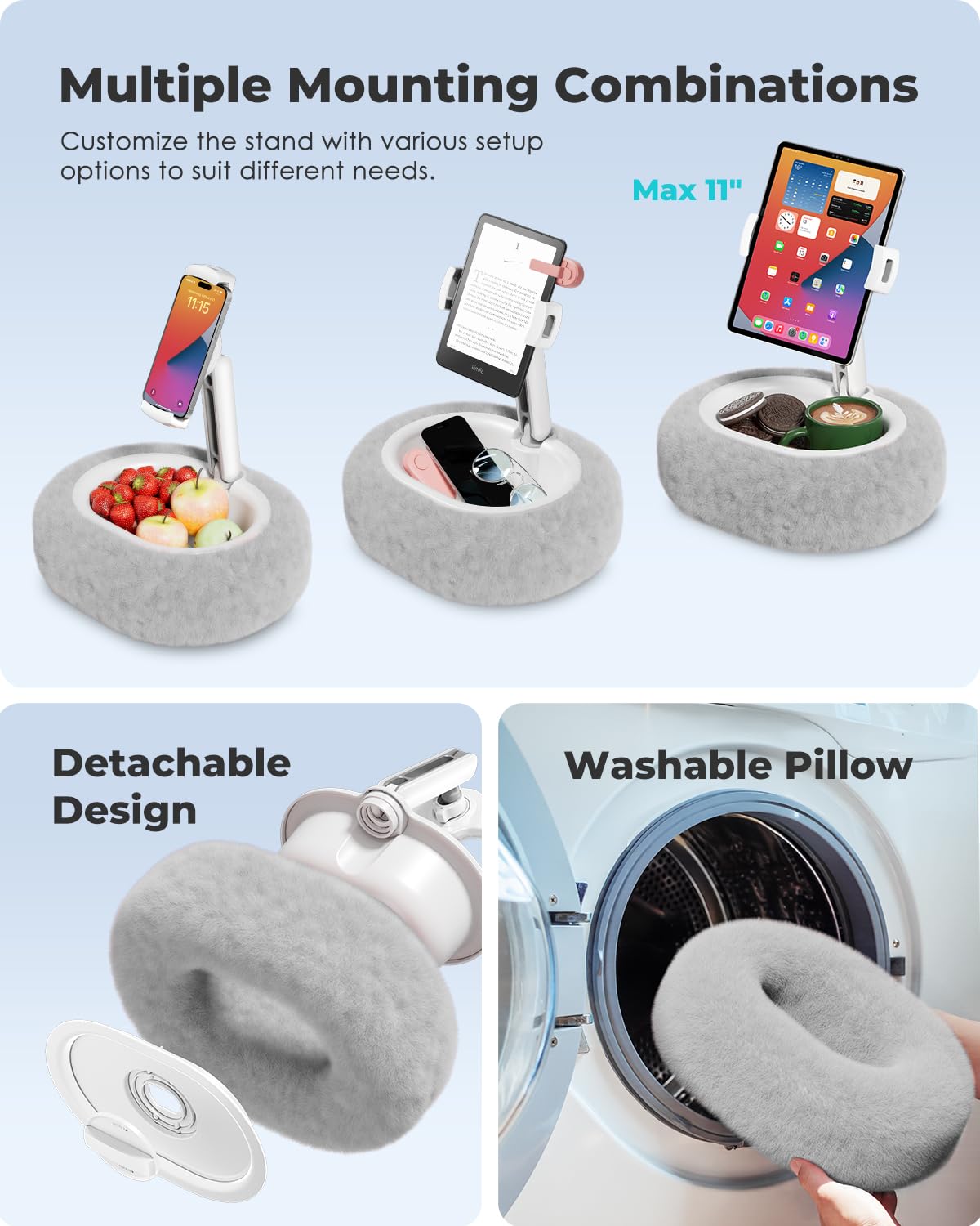 Supporto Regolabile Per Tablet 4-11” Con Ciotola Snack E Cuscino Morbido – Per Letto, Divano E Viaggi - 2