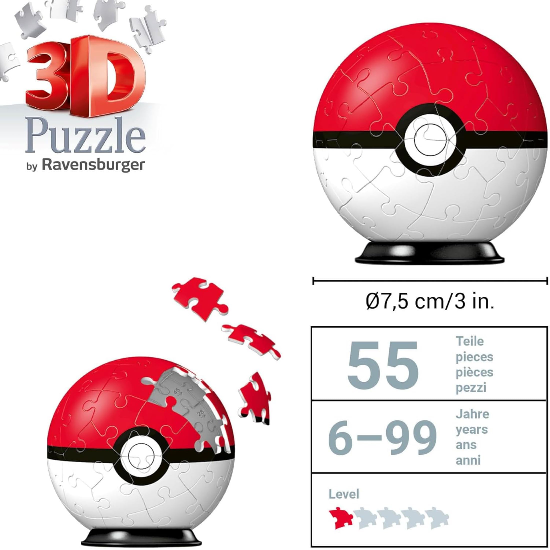 Ravensburger - Puzzle 3D Niños Pokemon Pokeball | Puzzles 3D para Niños De 6 Años O Más | Maquetas para Montar De 55 Piezas | Regalo Niño 6 Años O Más