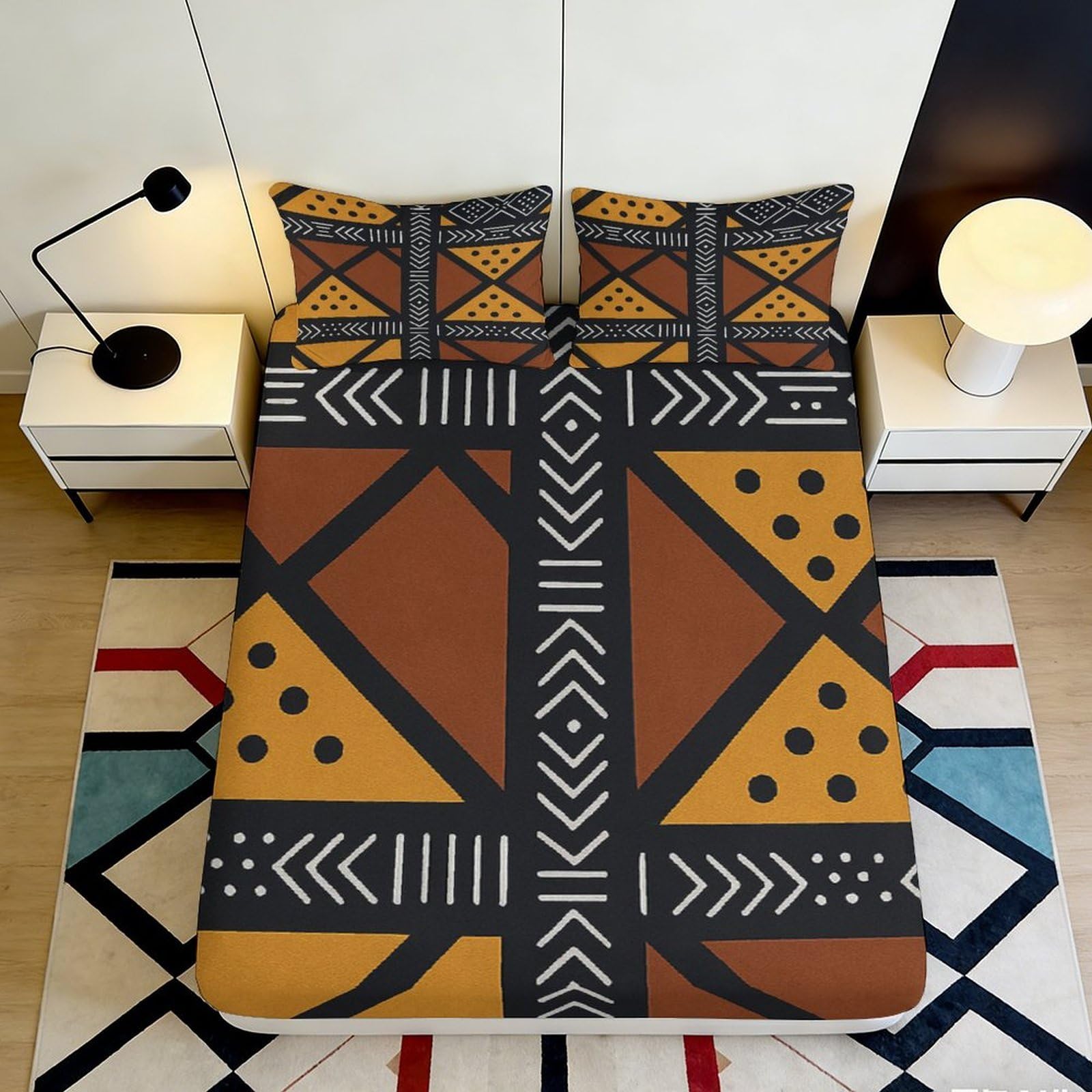 3D Printed Tribal Geo Fitted Sheet Microfiber Soft Breathable African Mudcloth Mattress Cover Bedroom Decor 90x200x25cm