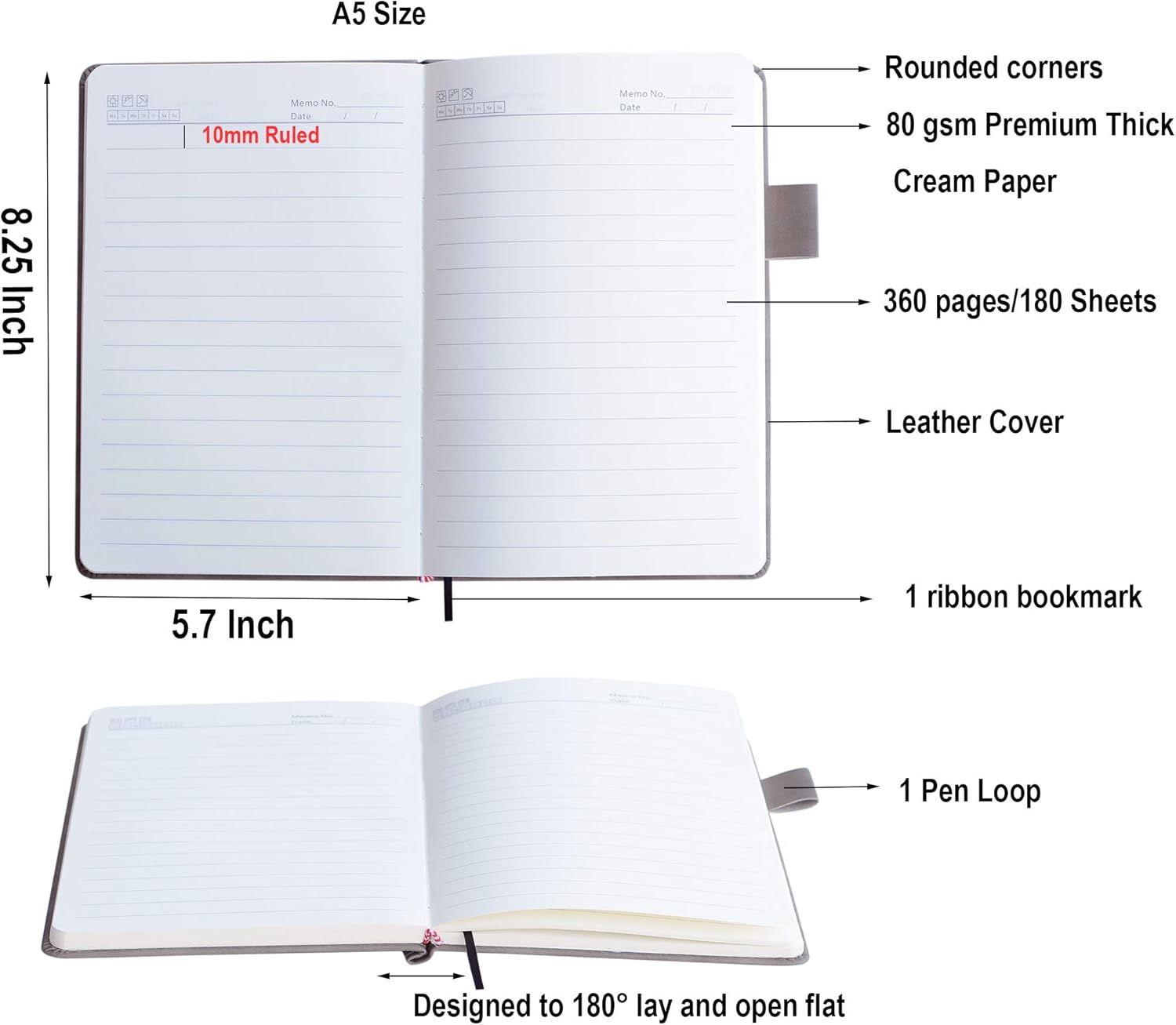 Yansanido Super Thick Notebook HardCover 360 Pages Ruled Journal Notebook A5/ 5.7x8.3 inch Leather Cover Classic Notebook with Pen Loop (Gray) : Office Products