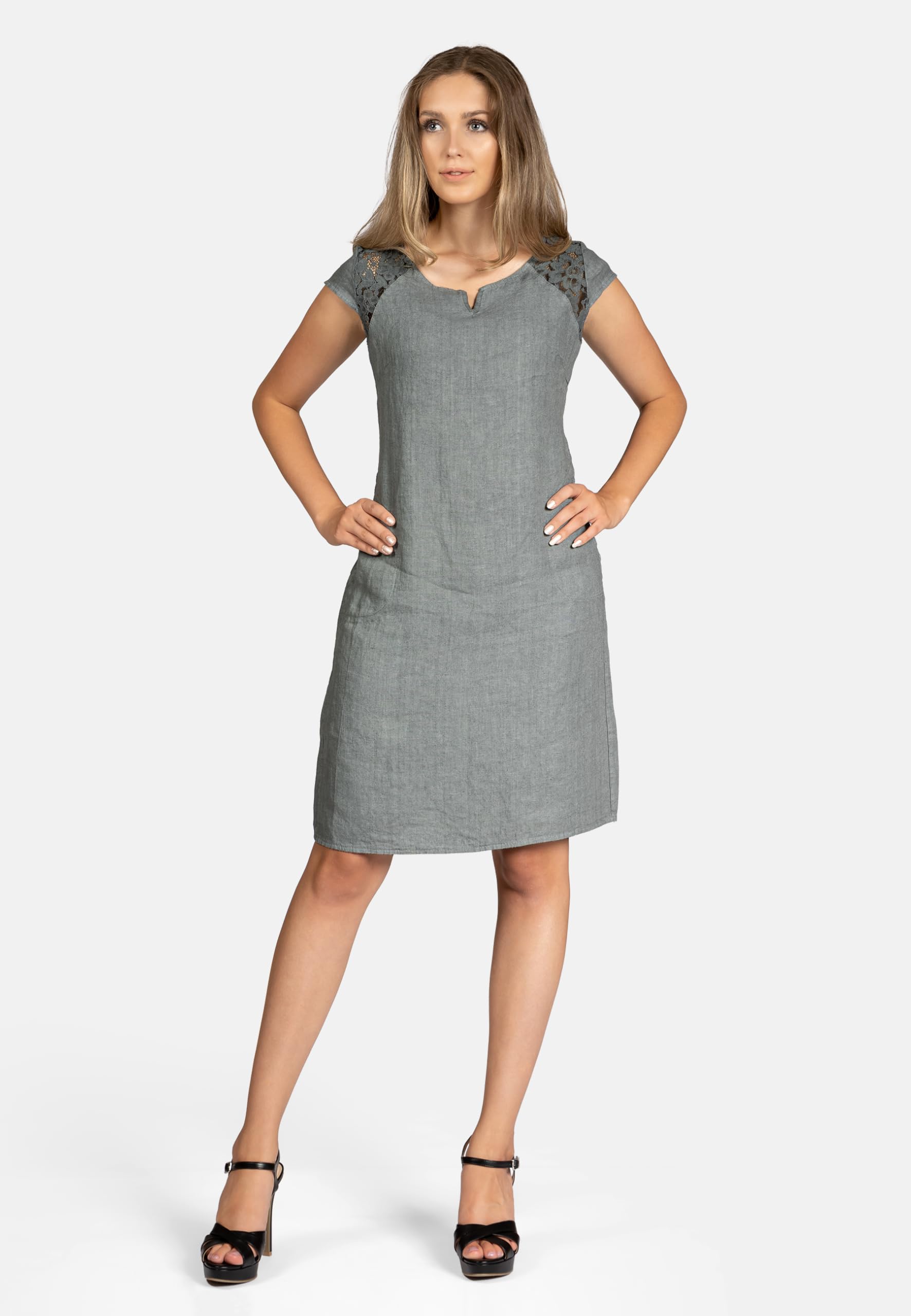 Caspar SKL042 Damen Sommer Leinenkleid mit dezentem Spitzeneinsatz