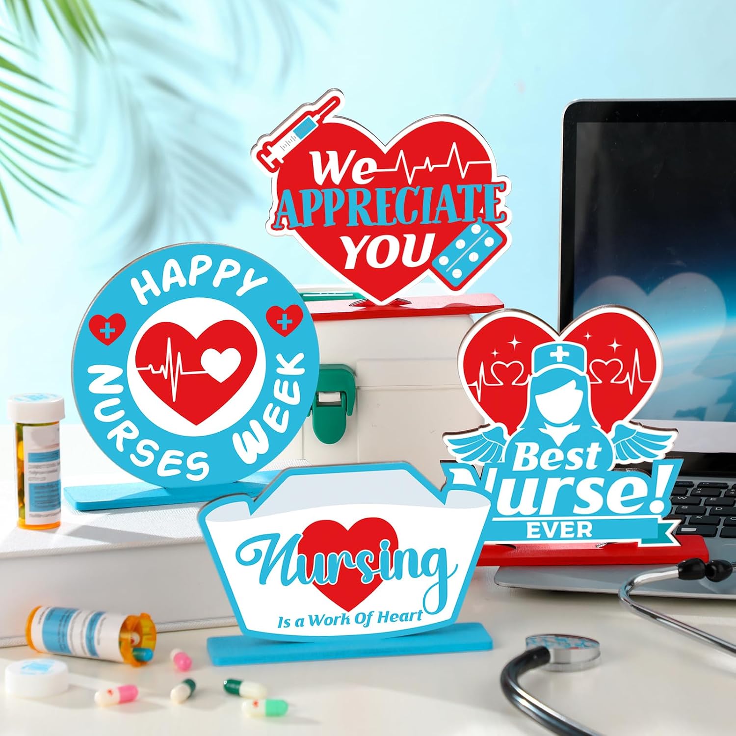 Suzile 6 Pcs Nurses Week Table Decorations, Thank You Nurse Appreciation Week Centerpieces for Tables, Medical Themed Nurse Appreciation Gifts for Nurses Day Party Decor Supplies(Blue)