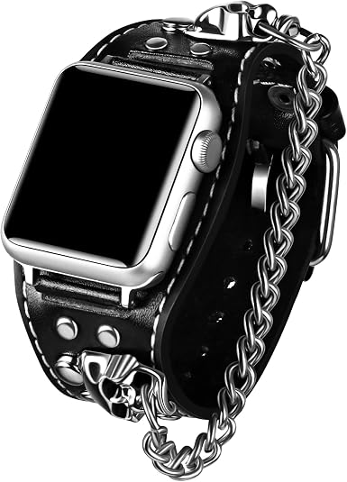 VIQIV Leather Skull Cuff Bracelet Compatible with Apple Watch Band Ultra 49mm 44mm 45mm 42mm 41mm 40mm 38mm Series 9 8 7 6 5 4 3 2 SE for Men Women, Punk Steampunk Wrist Watch Strap for iwatch Band