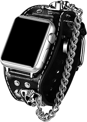 VIQIV Black Leather Skull Cuff Bracelet Compatible with Apple Watch Band Ultra 49mm 44mm 45mm 42mm 41mm 40mm 38mm Series 8 7 6 5 4 3 2 SE for Men Women, Personalized Punk Rock Chain Steampunk Wrist Watch Strap for iwatch Band