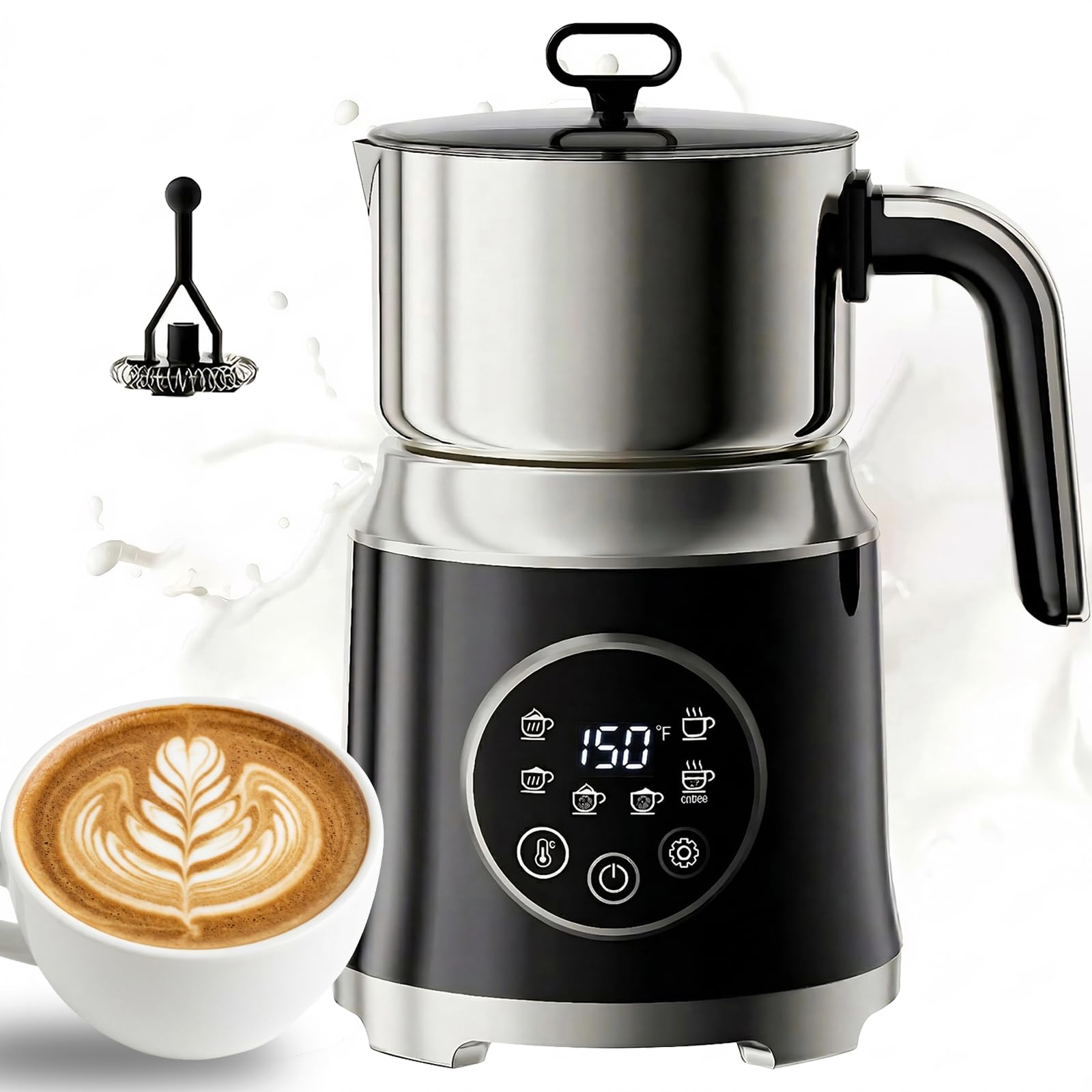 Milchaufschäumer Elektrisch 6-in-1-800ml Automatischer Milchschäumer für Heiße & Kalte Schäume, Spülmaschinengeeignet, Abnehmbares, Leise, für Hafermilch, Sojamilch, Latte, Cappuccino, Schwarz