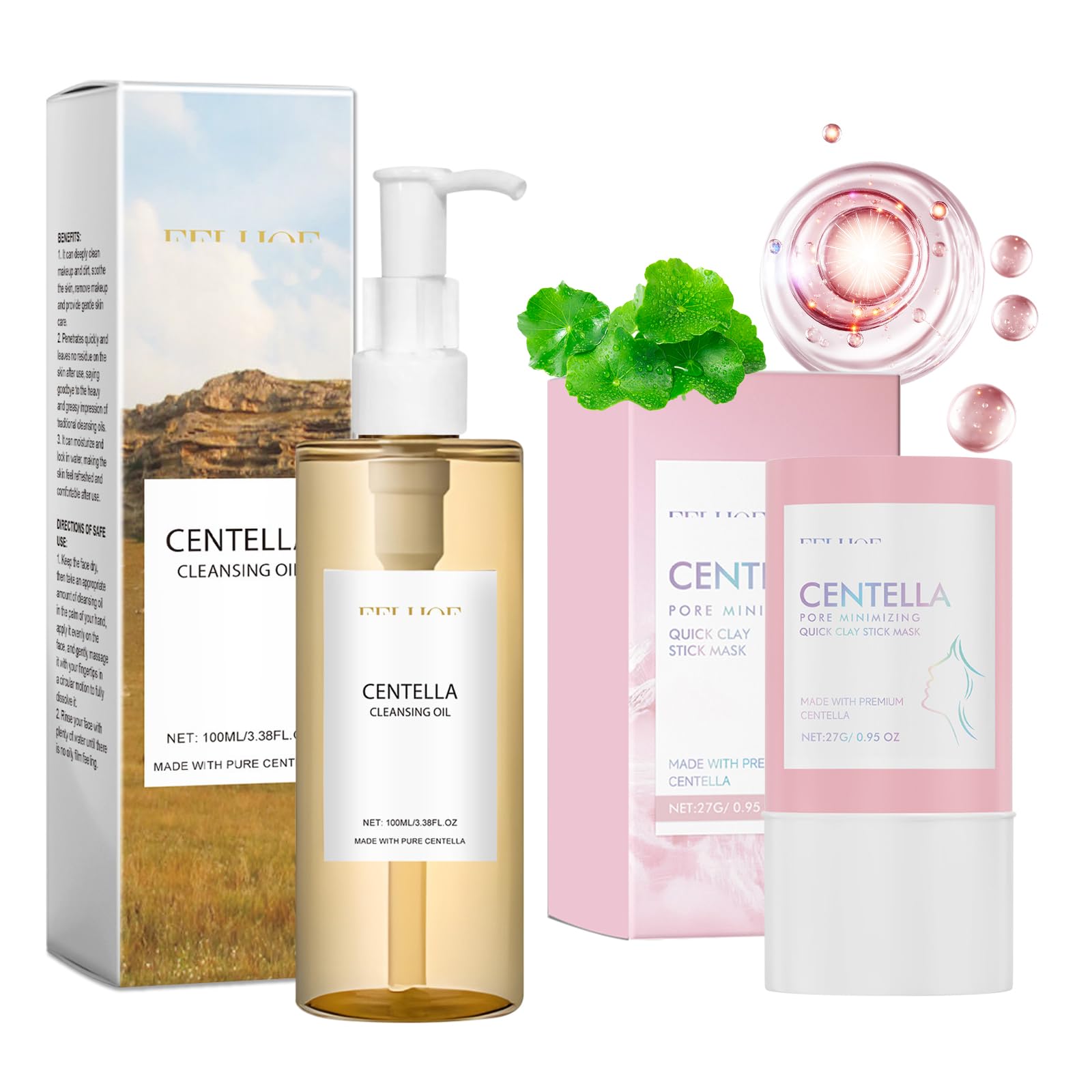 2 Pezzi Centella Kit, Centella Cleansing Oil + Centella Stick Mask, Cleansing Oil, Olio Detergente Viso, Deterge Delicatamente in Profondità e Restringe i Pori