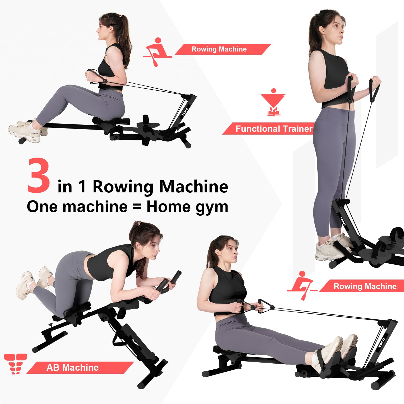 TODO 3 in 1 Vogatore per Casa, Multifunzionale Vogatore con 2 Intensità Regolabili, Trainer Addominale Pieghevole, Ab Trainer per Allenamento Muscolare e Tutto il Corpo, fino a 120KG