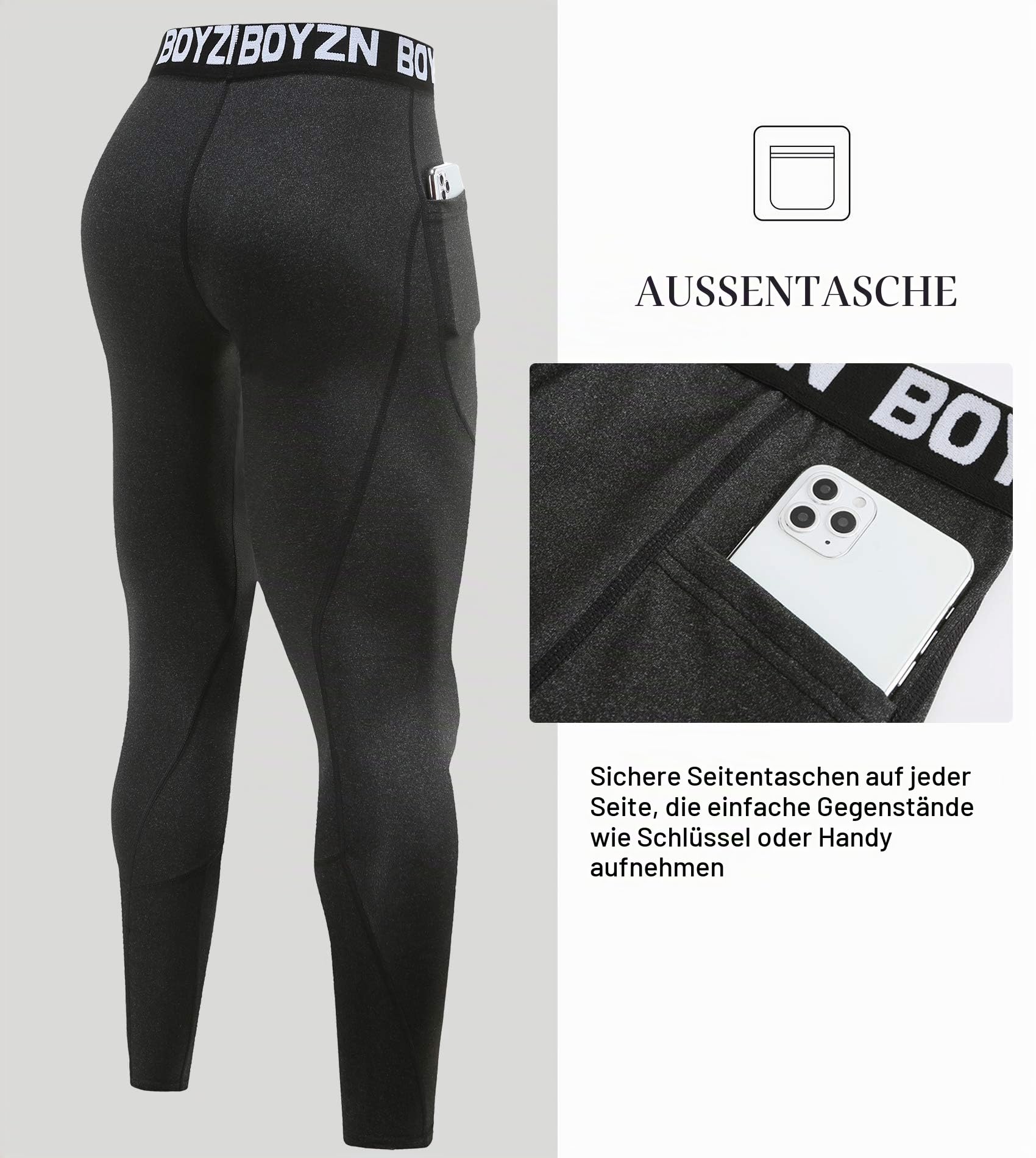 Boyzn 1 or 2,3 Pack Kompressionshose Herren, Funktionsunterwäsche Sport Leggings für Herren, Laufhose Unterhose Lang Strumpfhose Fitness Tights mit Taschen/Ohne Tasche für Laufen Radfahren Basketball