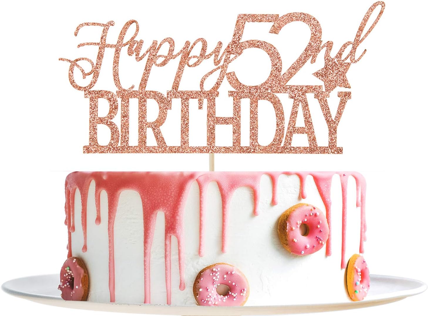 Rose Gold Glitter Happy 52nd Birthday Cake Topper - Hello 52 - Cheers to 52 Years Party Decoration