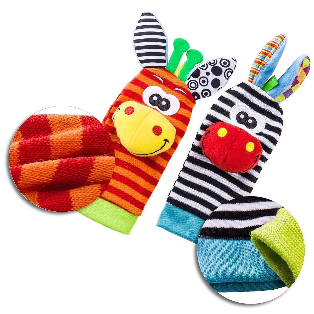 Giochi Neonato Sonagli Sensoriali per Bambini, Calzini da Polso Simpatici Animaletti Developmental Soft Toys Bambole per Neonati Neonato, 4 Pezzi