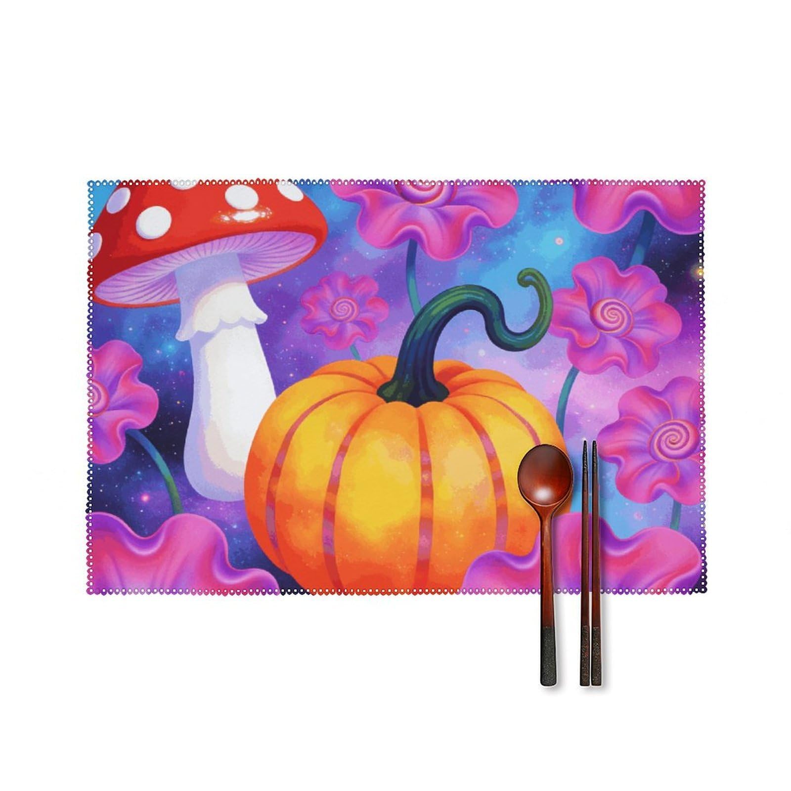 Groovy Flowers Mushroom Pumpkin Placemats Set of 6, 12x18 Inch Heat Resistant Washable Canvas Table Mats, Stain Resistant Decorative Dining Placemats for Kitchen, Restaurant, Outdoor Party