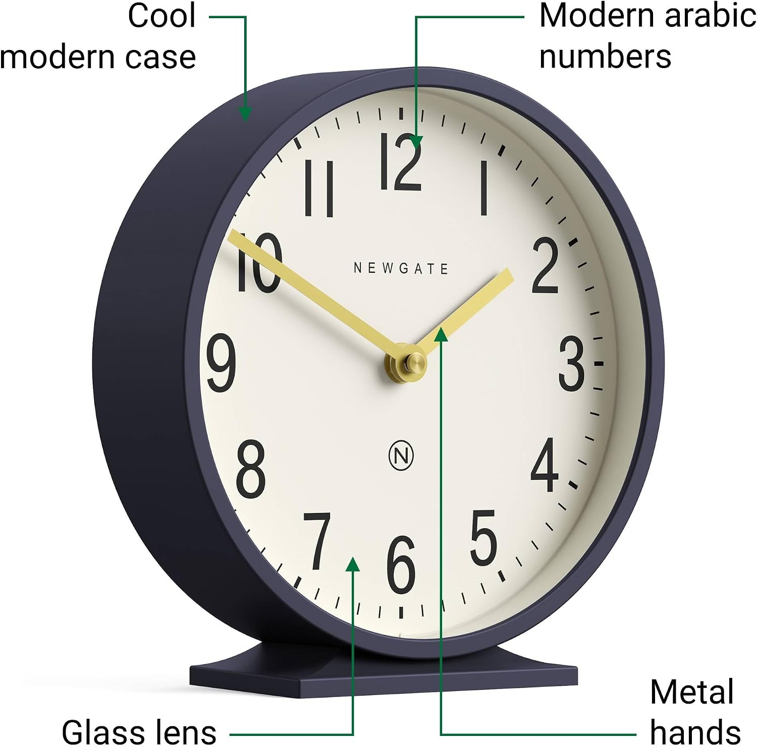 NEWGATE® Q Mantel Clock | Modern Classic Round Mantel Clock | Navy Blue | Contemporary Style for Mantel, Desk, Table, Shelf or Bedside