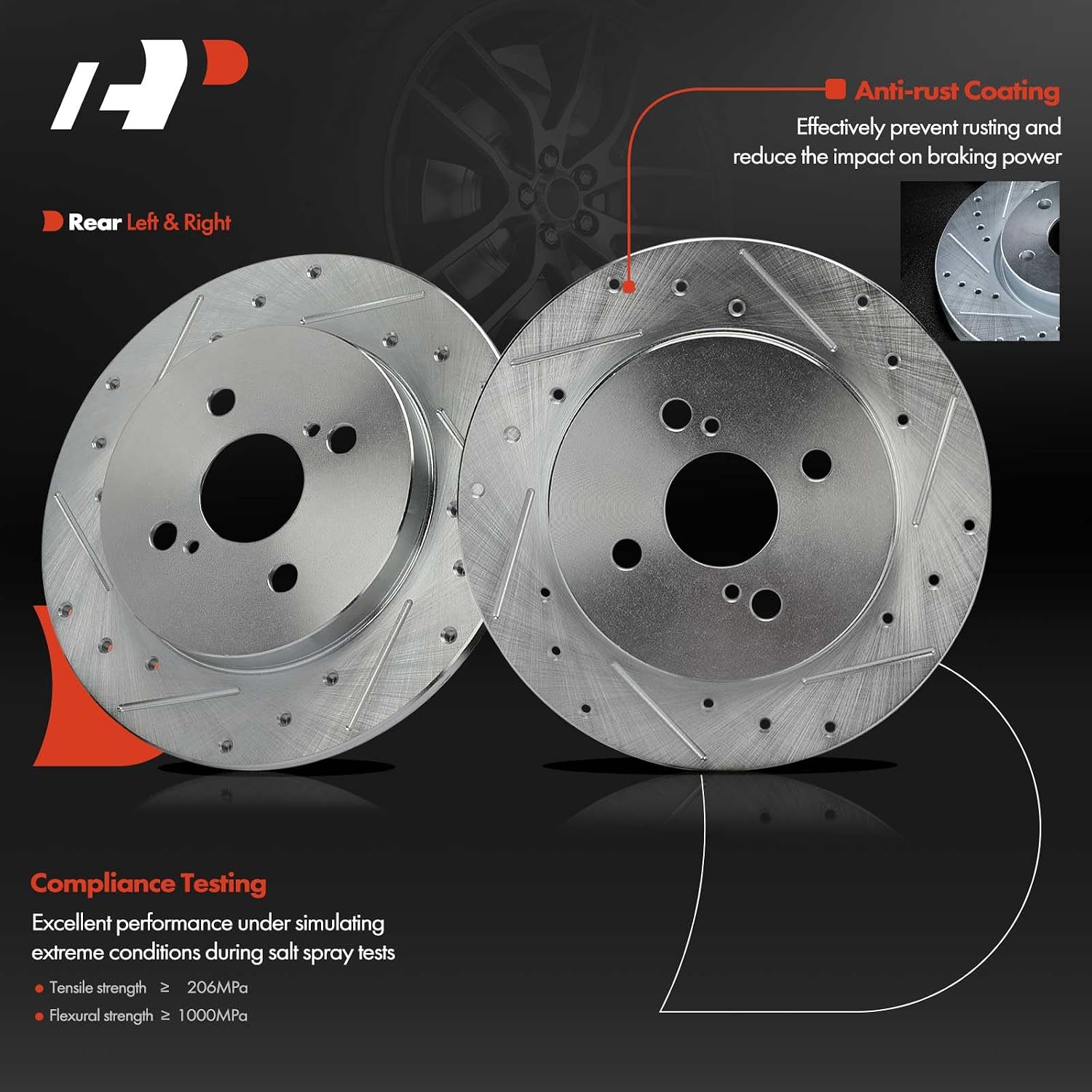 A-Premium 10.19 inch (259mm) Rear Drilled and Slotted Disc Brake Rotors Compatible with Select Toyota Models - Yaris 2012-2018, 1.5L, 2-PC Set