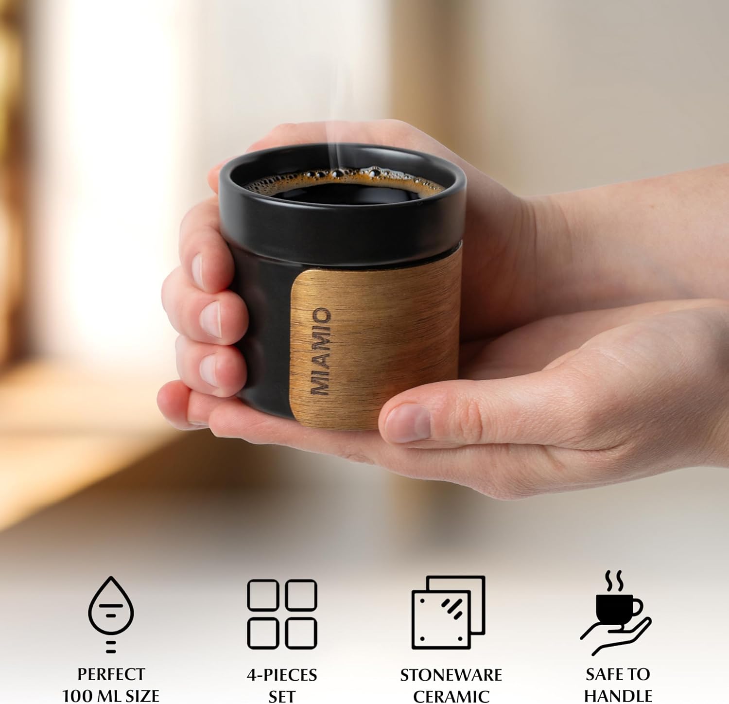 MIAMIO – Espresso Cups Set of 4 (3.5 oz) Japanese Tea Cups Ceramic/Handleless Mug with removable Wooden Cuff/Coffee Cups without Handle (Black) - Image 5