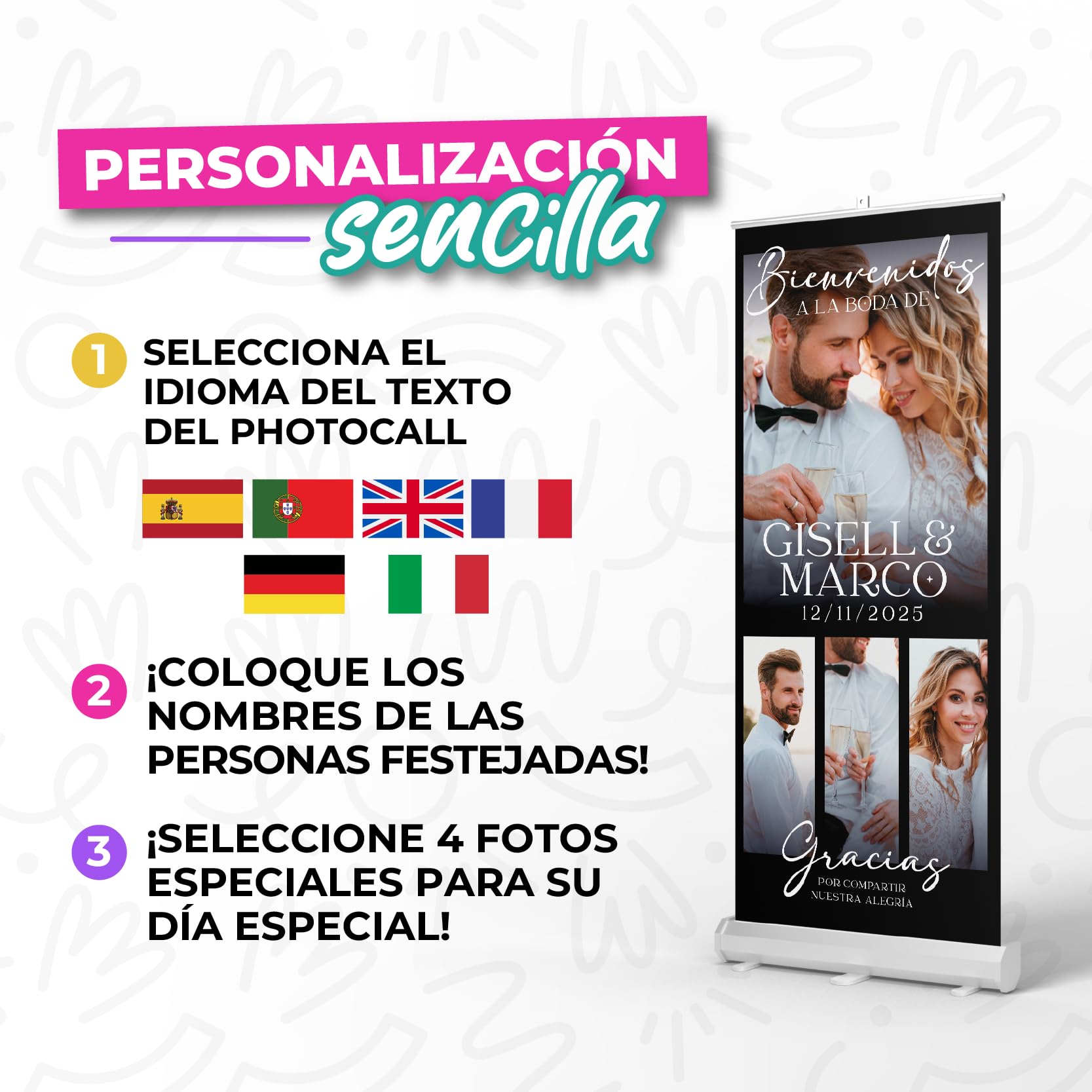 Roll Up Personalizado 85x205cm para Boda con Estructura Metálica + Lona 510gr - Personaliza Textos y Fotos - Incluye Maletín Transportador – Ideal para Bodas de Oro, Plata, Aniversarios y Eventos