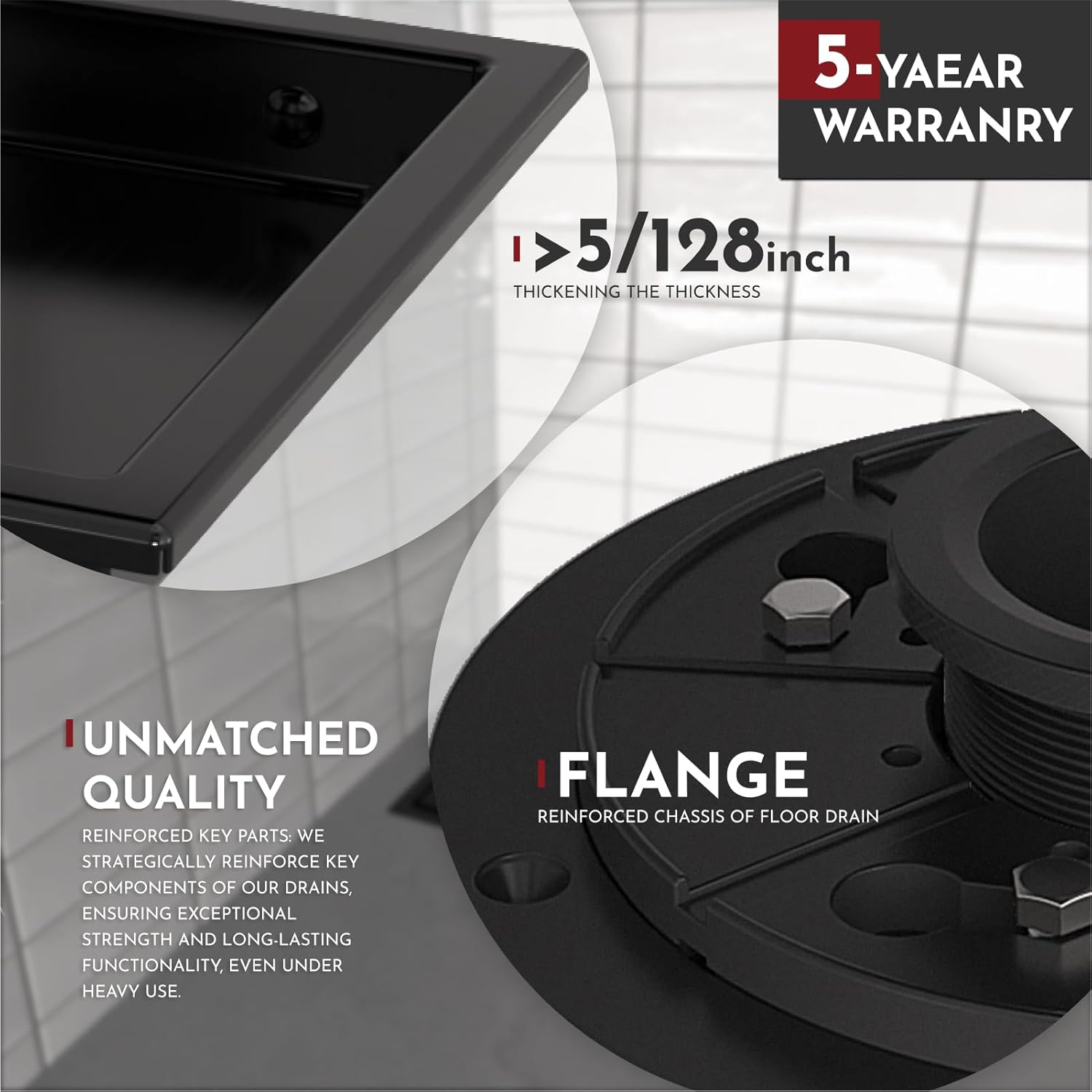 WEBANG 6 Inch Square Shower Drain Black Floor Drain with Flange Reversible 2-in-1 Cover Tile Insert Grate Removable SUS304 Stainless Steel CUPC Certified Matte Black