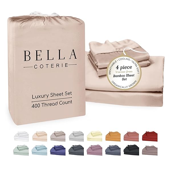 Bella Coterie Luxury Bamboo Viscose Queen Size Sheet Set | 100% Organically Grown | Ultra Soft | Cooling for Hot Sleepers | 18" Deep Pocket [Mocha]