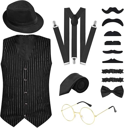 PLULON Disfraz de los años 20 para hombre, chaleco de gángster de Gatsby, conjunto de accesorios para hombre de los años 20