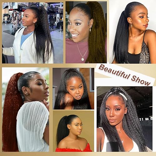 Miniatura 6 de MOONSHOW Cola de caballo recta rizada con cordón para mujeres negras, extensión de cola de caballo larga Yaki recta para mujeres negras, color negro