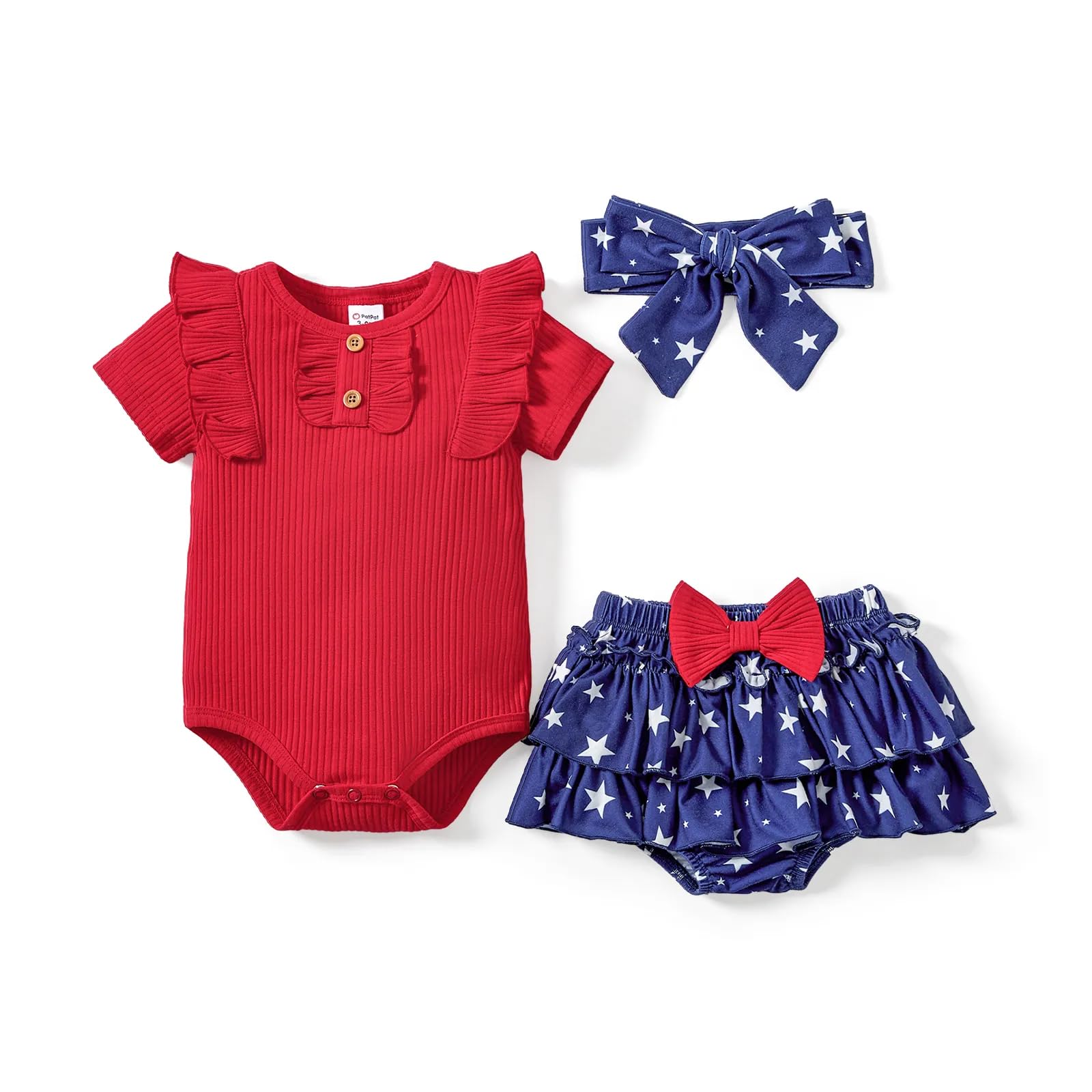 PATPAT Ropa Bebe Niña Ropa Algodón Recién Nacida Mameluco, Mangas Volantes Algodón + Conjunto Pantalones Cortos Florales + Conjuntos Ropa Diadema, 0-18 Meses Verano