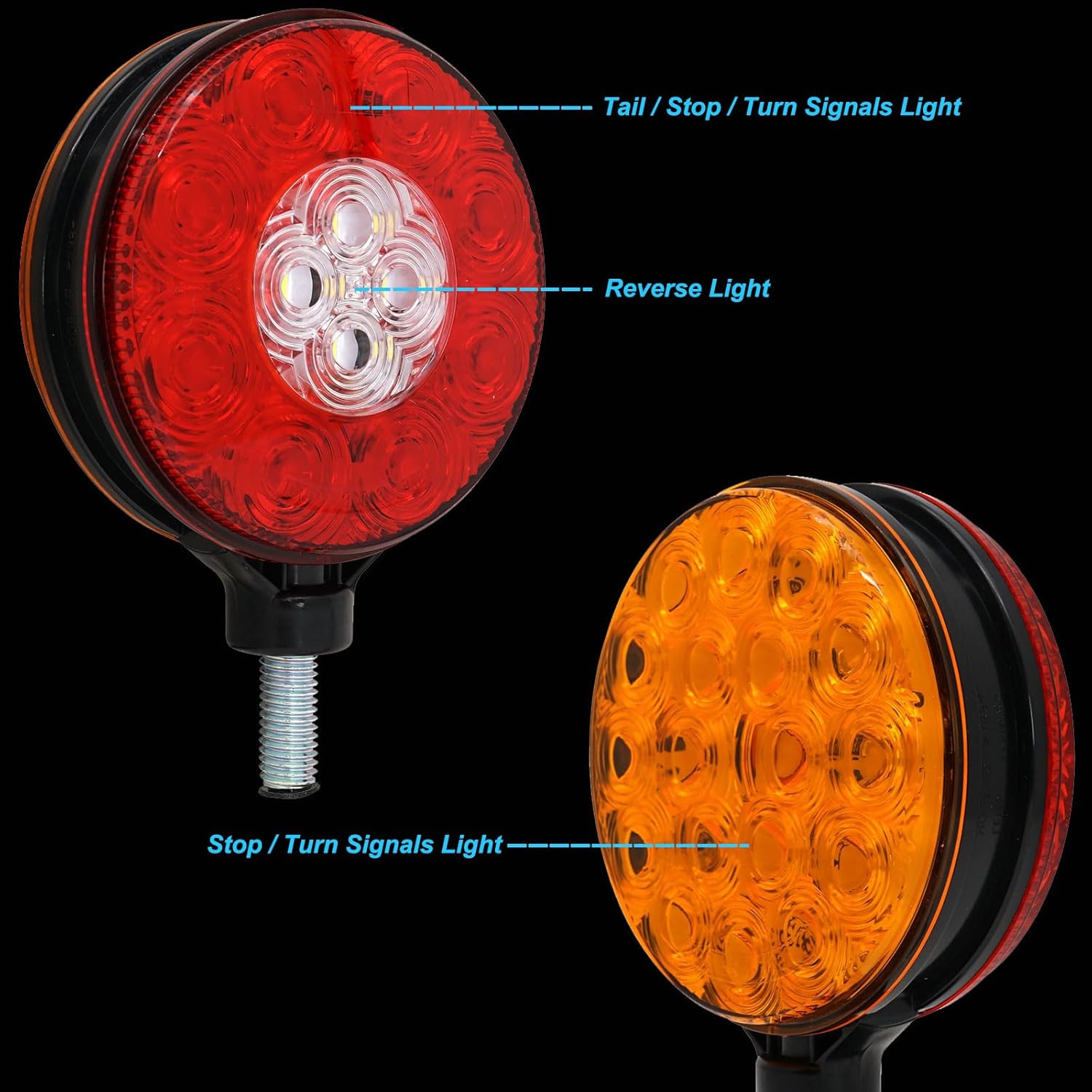 4" Round Dual-Face LED Pedestal Light Amber Red White Tail Stop Turn Signals Reversing Backup Lamp For Trailers Under 80" Boat Truck Camper RV Double Lights