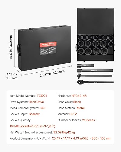 Vista 42 de VEVOR Juego de llaves de impacto, 19 piezas x 1/2 pulgadas métricas de 3/8-1-1/2 pulgadas, 6 puntos de zócalo profundo de 6 puntos, construcción