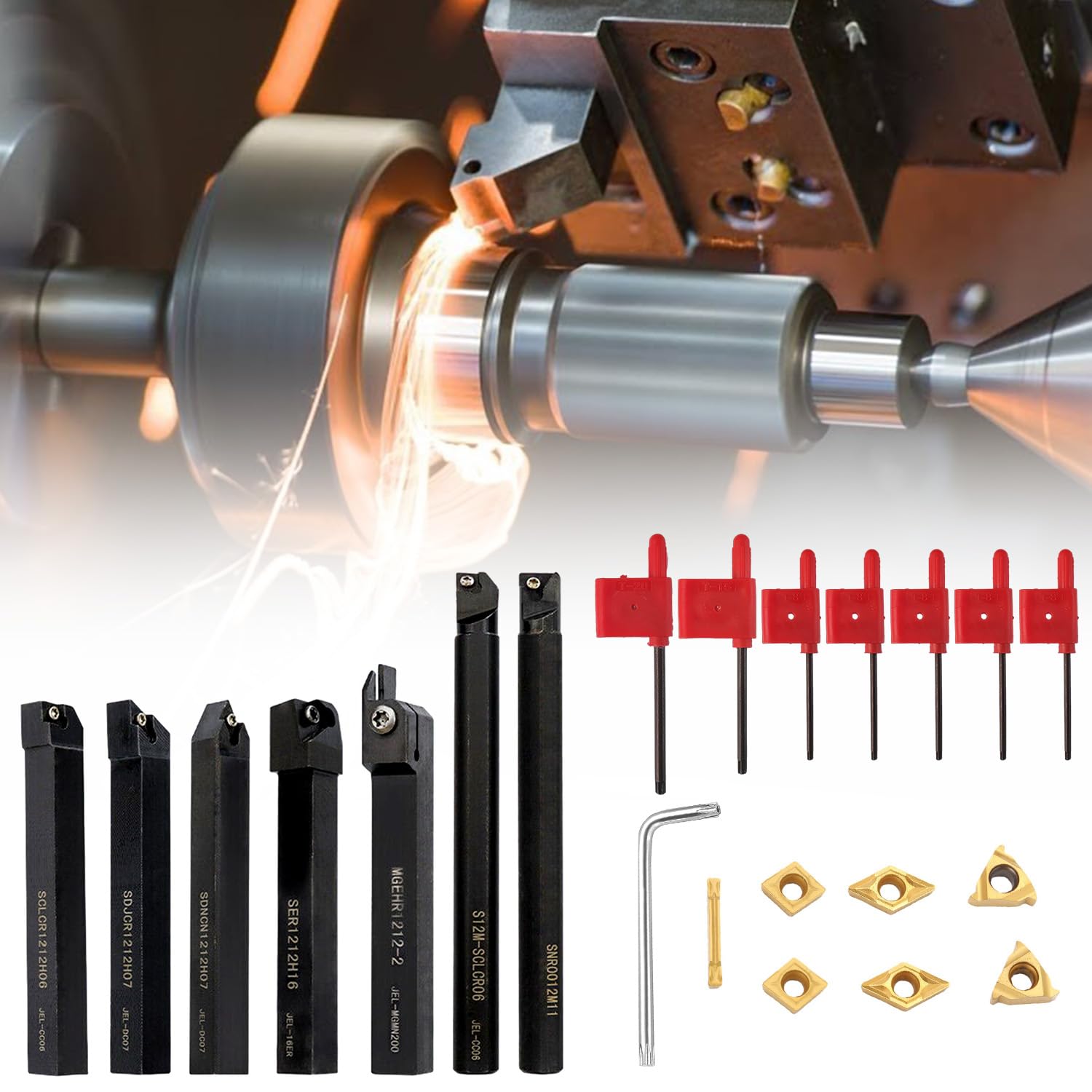 22 Piezas Cincel Giratorio Kit, 12mm Herramientas Torno Metal, Cuchillas de Carburo con Portaherramientas y Llave, Torno Mecanico Accesorios, para Automóviles, Camiones