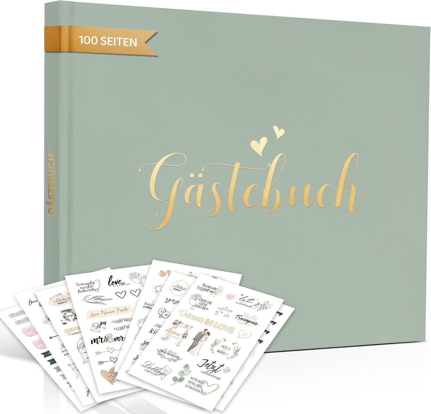 Hyggartn Green Wedding Guest Book with Stickers - Elegant Hardcover Guest Book with Gold Embossing 100 Pages Blank + 8 Wedding Stickers - Stylish Memory Book