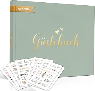 Hyggartn Grünes Hochzeitsgästebuch mit Stickern – Edles Hardcover Gästebuch mit Goldprägung, 100 Seiten Blanko + 8 Hochzeitssticker – Stilvolles Erinnerungsbuch