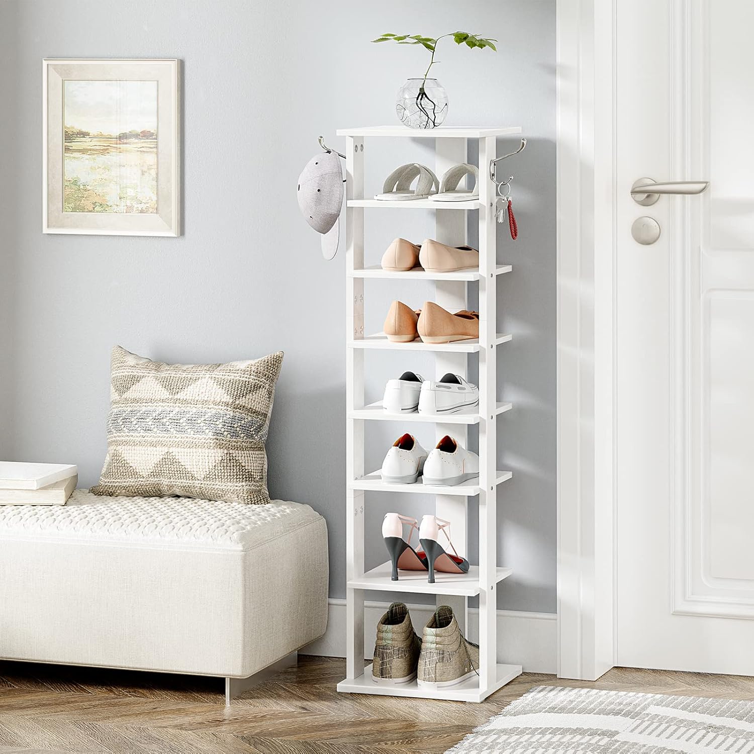 HOOBRO 8 Tiers Vertical Shoe Rack, Wooden Shoe Storage Organizer with Hooks, Narrow Shoe Tower for 8 Pairs, Space Saving, for Entryway, Living Room, Bedroom, White WT07XJ01G1 8 Tier (11"W) White