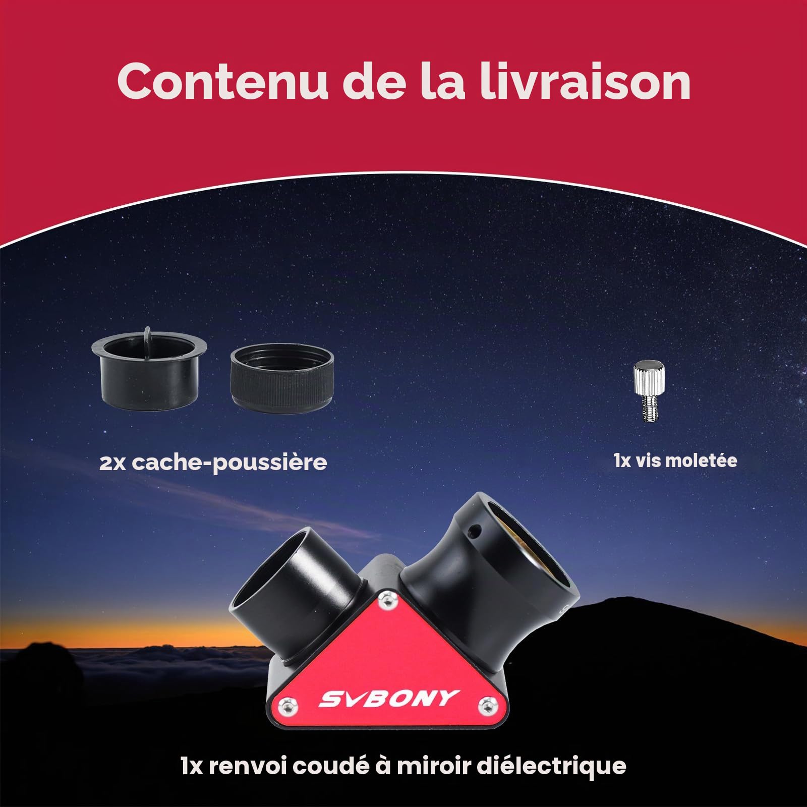 Svbony SV188P Diagonal Miroir, 1,25” 90° Adaptateur Diagonal Diélectrique, 99% de Réflectivité Image Érigée Miroir Diagonal, Métal Accessoires de Télescope pour Vision du Ciel Profond Planétaire