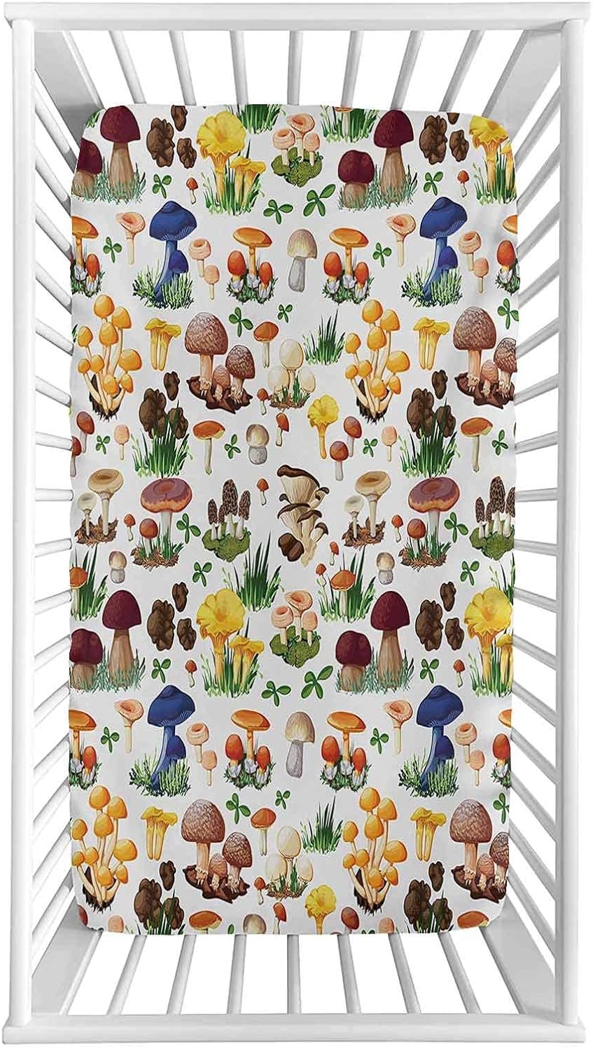 Mushroom Fitted Crib Sheet,Pattern with Types of Mushrooms
