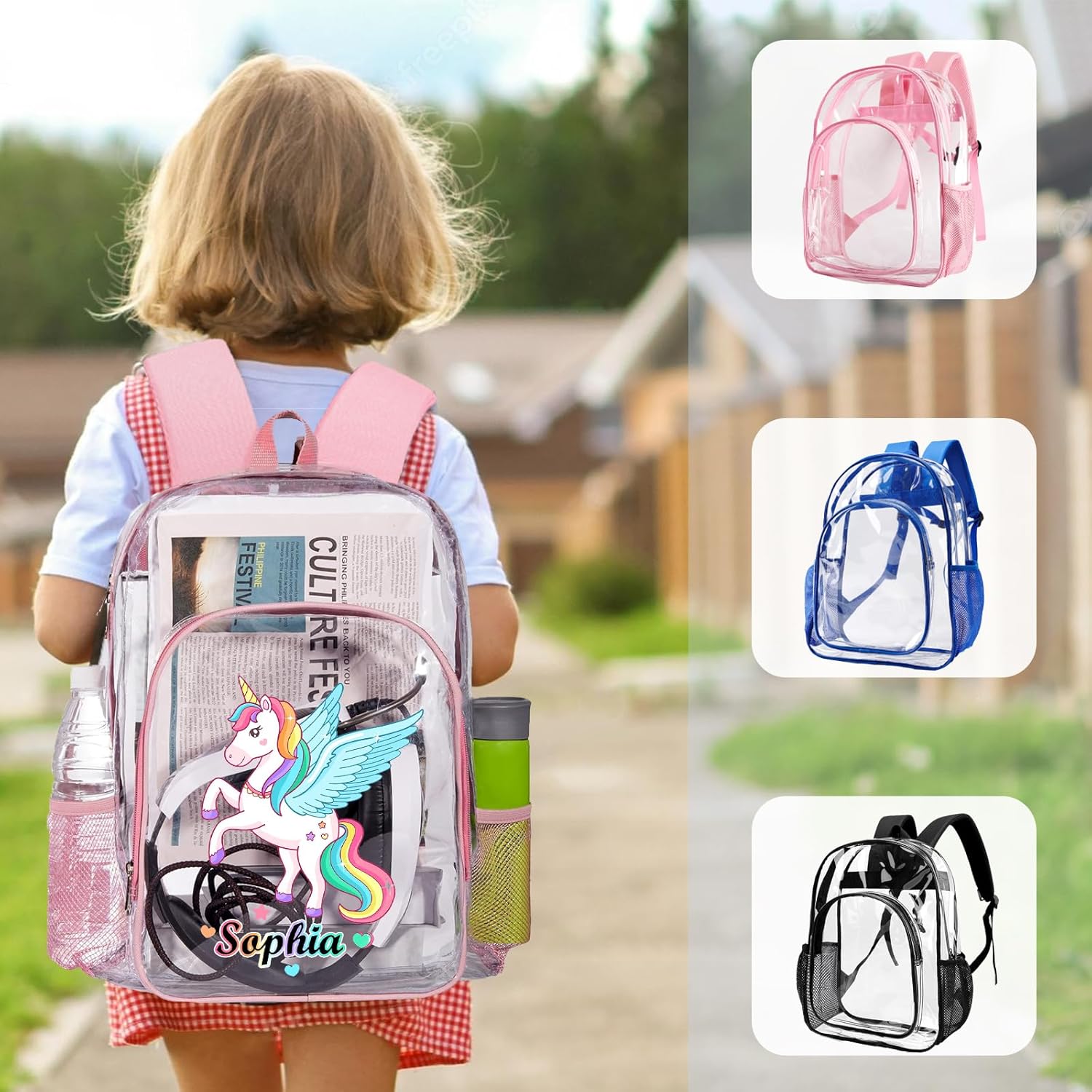 Personalized Clear Backpack for Girls, Custom Pink School Clear Backpack for Girls with Name, PVC Waterproof Transparent Backpack Suitable for School Work, Back to School Gifts for Kids