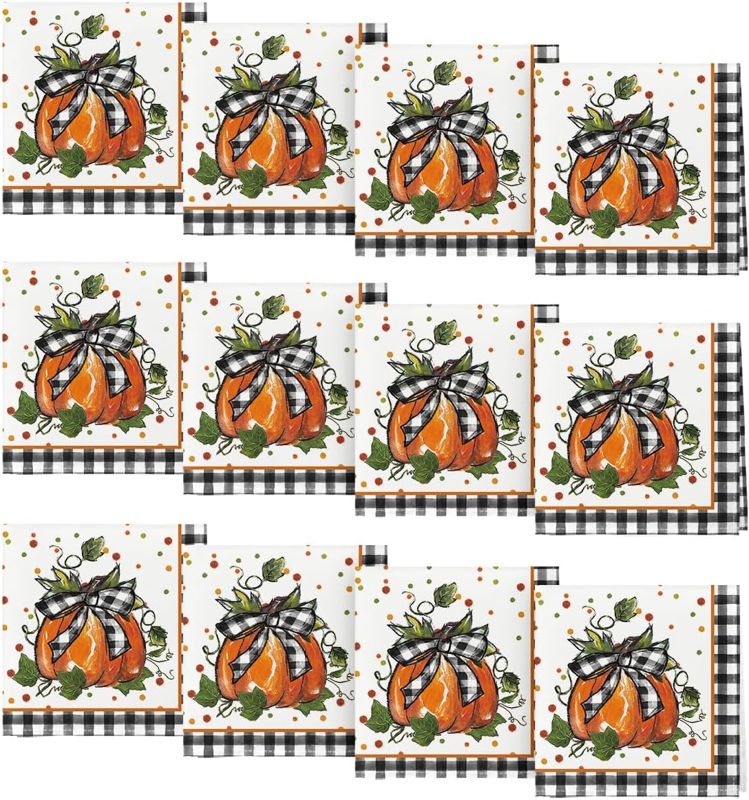 Horaldaily Fall Cloth Napkins, Buffalo Pumpkin Napkins Set of 4