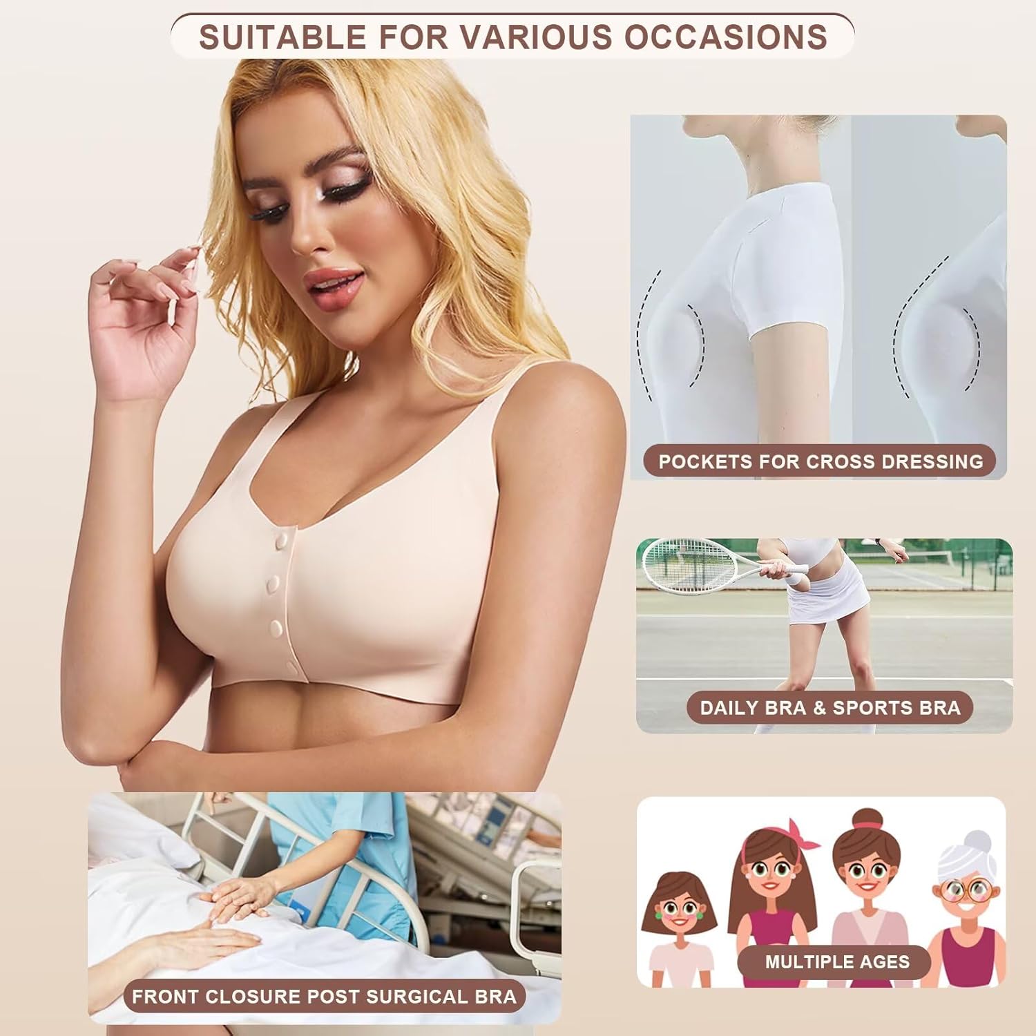 Seamless Front Closure Mastectomy Bra Post Surgery Pocket Bra for Breast Forms Breast Prosthesis Women's Daily Bra - Image 6