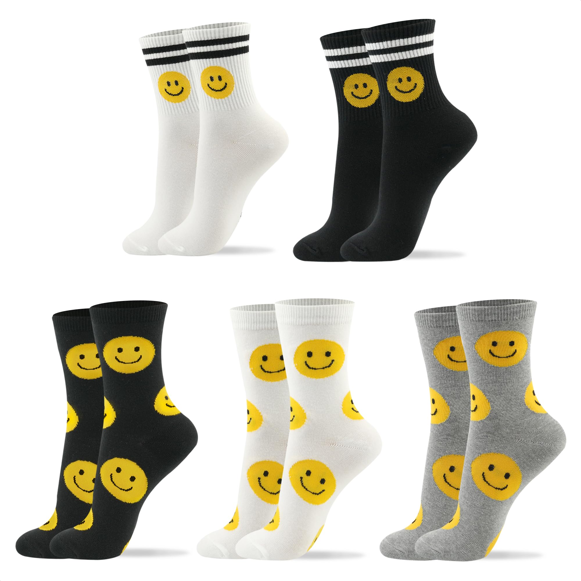Kikiya Women's Cotton Crew Socks - Cute Smiley Face Funny Bow Fruit Graphic Crazy Animal - Ladies Girls Casual Socks Size 6-8