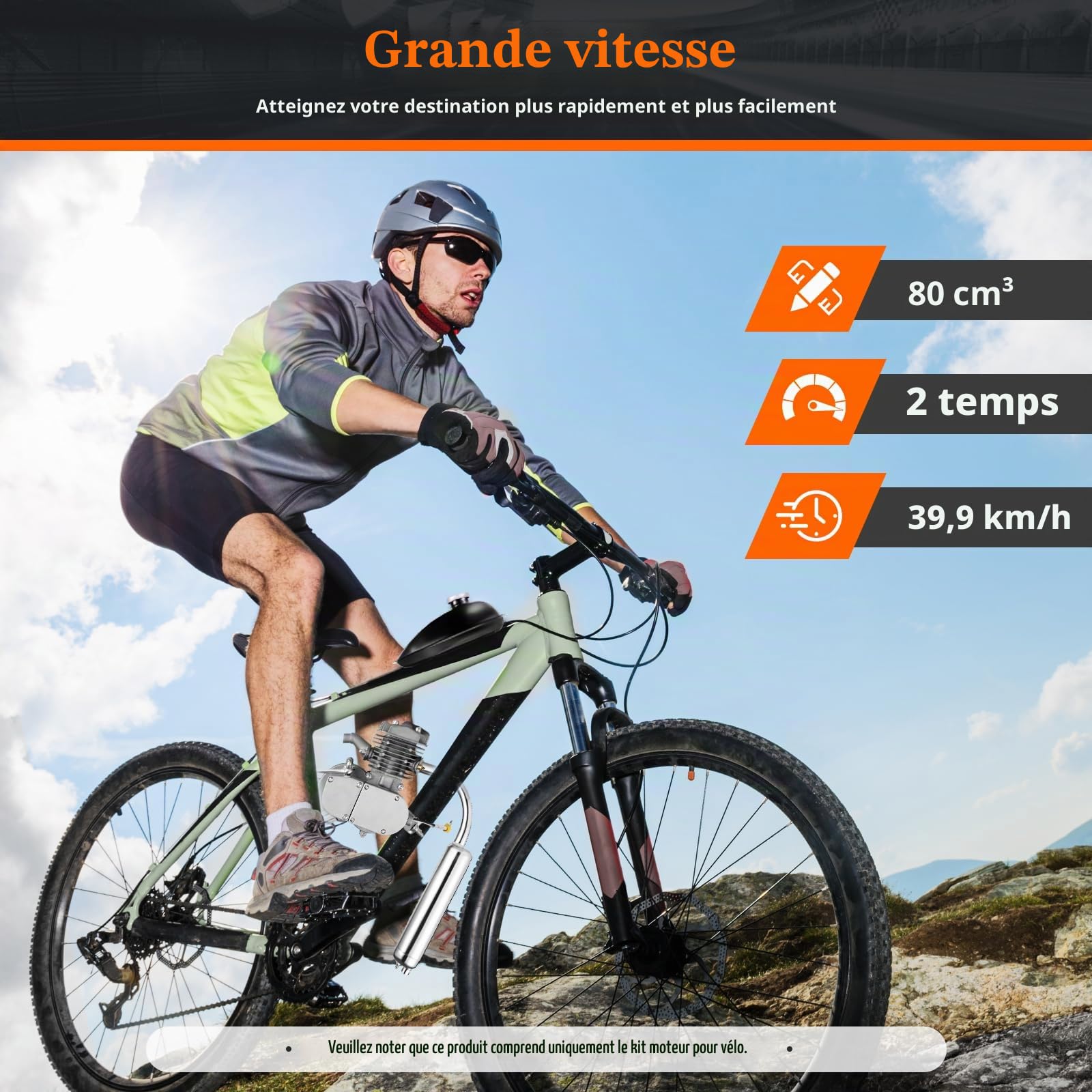 Kit de moteur de vélo 80 cc, 2 temps, silencieux motorisé, pour vélo à essence, vitesse maximale 38 km/h, pour VTT, etc