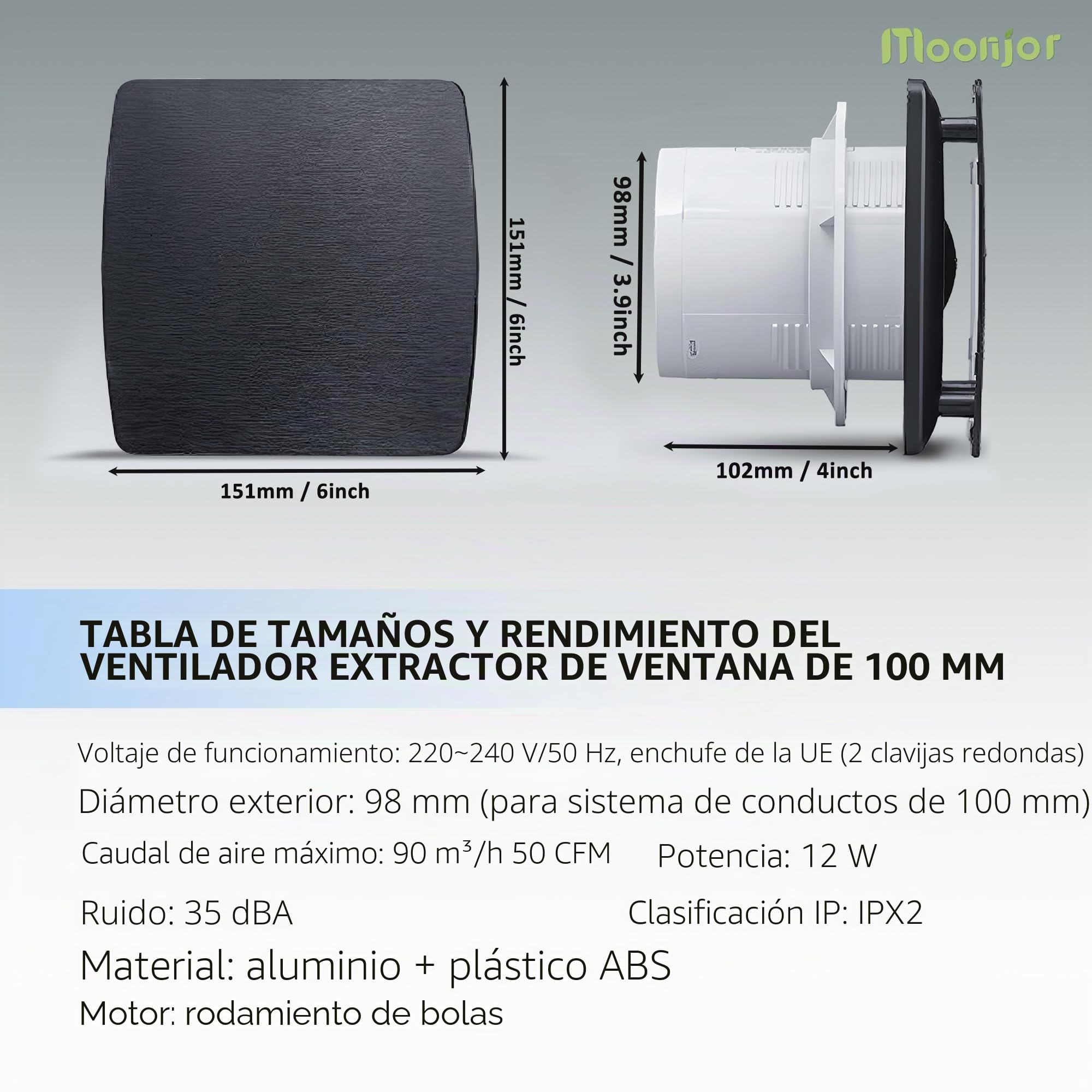 Extractor de Aire 100mm, Ventilador de baño de 95 m³/h, Ventilador Silencioso con Trampilla de Reflujo, Cable UE de 1m para Baño, Inodoro, Cocina - Aluminio Cepillado | 95 m³/h, ventilador silencioso para baño, con válvula antirretorno, cable de alimentac