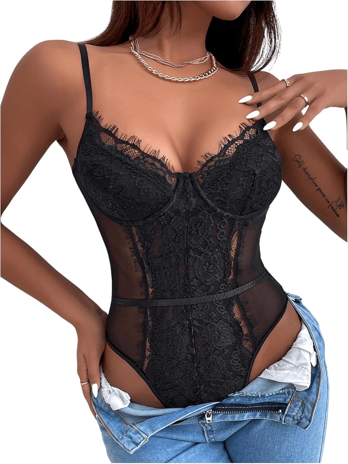 SHENHE Women's Floral Lace Spaghetti Strap Sheer Mesh Sleeveless Cami Bodysuit Tops