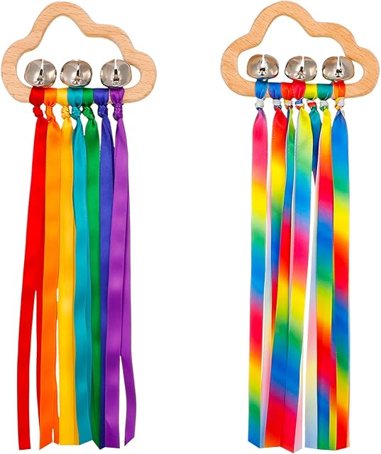 FRIUSATE 2Pcs Wooden Ribbon Ring Toys, Rainbow Hand Ribbon Teether Sensory Toy Molar Wooden Educational Toy Circle Toy with Bells for Boys Girls (Light color)