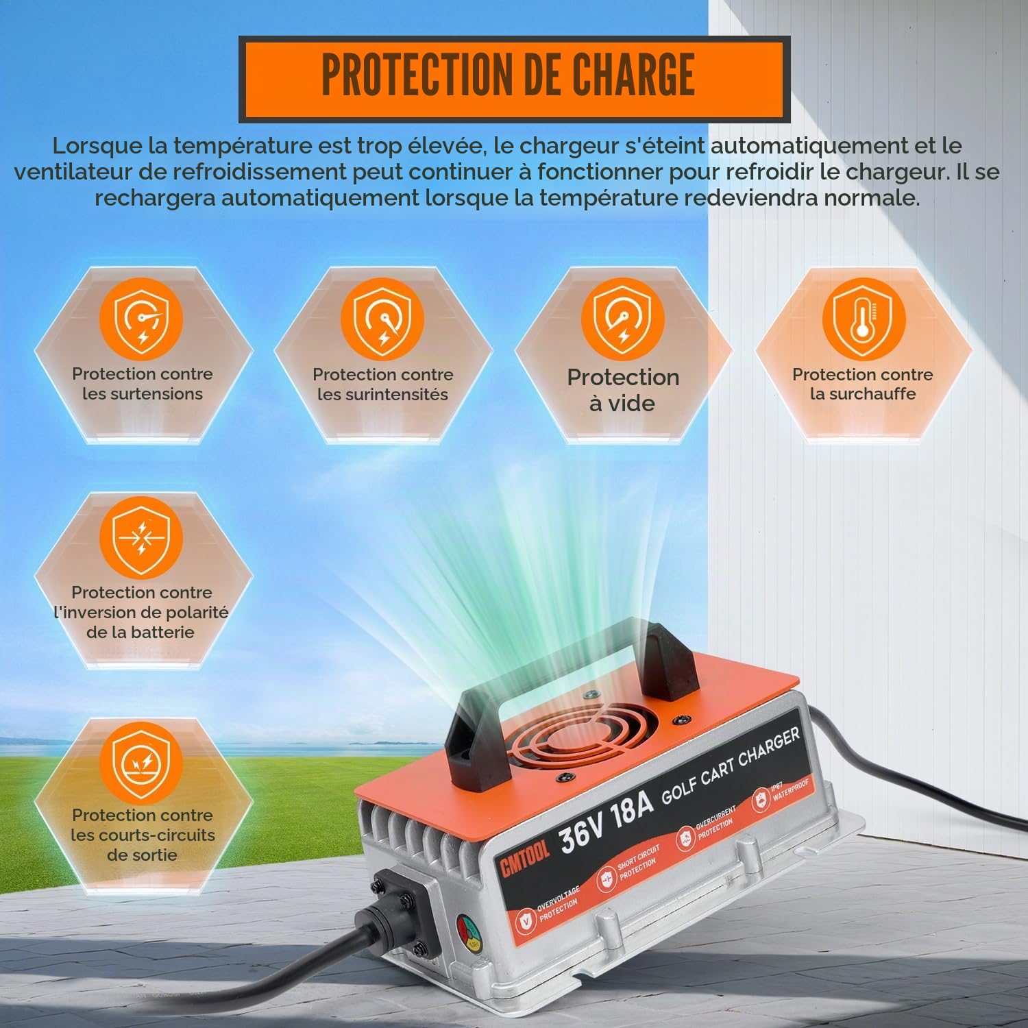CMTOOL Chargeur de batterie de chariot de golf 36 V 18 A pour voiturettes de golf EZGO TXT avec prise de type D, chargeur de batterie automatique intelligent 36 V 18 A au plomb étanche IP67