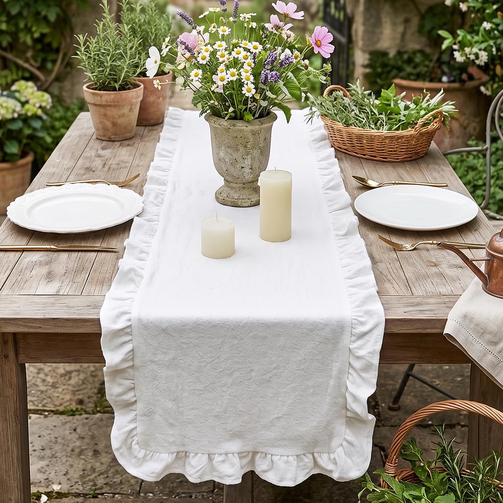 MAYJOYDIY Runner da tavola bianco increspato 40 x 170-180 cm, runner da tavola smerlato in cotone, lavabile, rustico, decorazione per casa, cucina, cena, matrimonio, sposa, festa di compleanno
